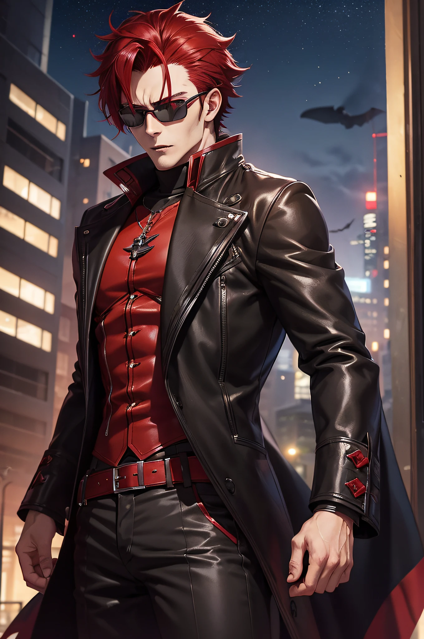 sexy male anime character with dark hair with red highlights and a black jacket, with red hair, scruffy face hair, transparent glasses, anime handsome man, male anime character, 1boy, solo, suoh mikoto, k project, (((vampire))), insanity, malkavian, city in background, (night), smirk, cowboy shot, dynamic lighting