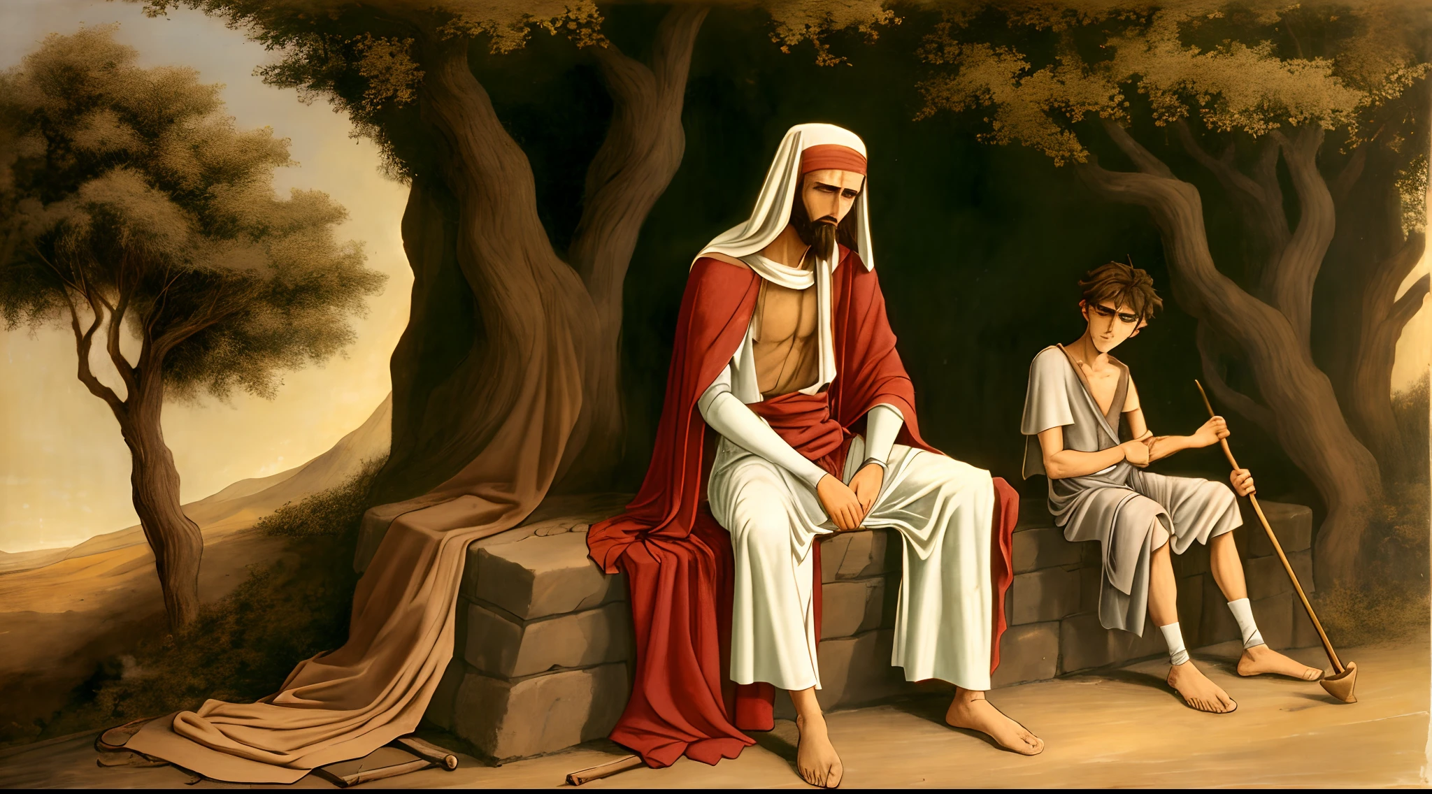 An early image showing Bartimaeus sitting on the side of a dusty road, with a staff on the side and a cloth wrapped around his head indicating his blindness. estilo disney