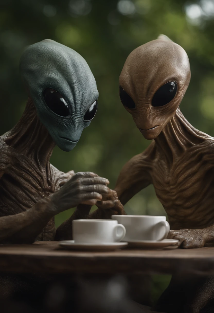 An alien creature with a flattened head, 2 ojos negros grandes, drinking coffee with another alien of his kind , [插圖] durante (La mejor calidad,4k,8k,altas,Pieza maestra:1.2), Ultra detallado, (realista,fotorrealista,fotorrealista:1.37), HDR, UHD, Studio lighting, extreme detail description, profesional, vivid colors, Bokeh, [Artista conceptual], [Science fiction], [retrato], [Paisaje].