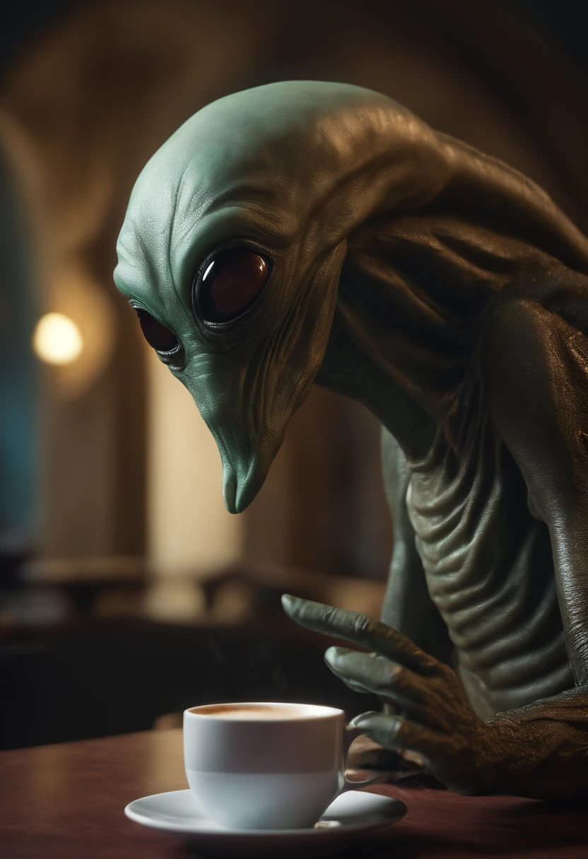 An alien creature with a flattened head, 2 ojos negros grandes, drinking coffee with another alien of his kind , [插圖] durante (La mejor calidad,4k,8k,altas,Pieza maestra:1.2), Ultra detallado, (realista,fotorrealista,fotorrealista:1.37), HDR, UHD, Studio lighting, extreme detail description, profesional, vivid colors, Bokeh, [Artista conceptual], [Science fiction], [retrato], [Paisaje].