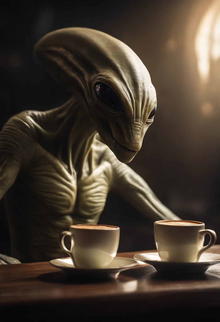 An alien creature with a flattened head, 2 ojos negros grandes, Having coffee with another alien of his kind , [插圖] durante (La mejor calidad,4k,8k,altas,pieza maestra:1.2), ultra detallado, (realista,fotorrealista,fotorrealista:1.37), HDR, UHD, Studio lighting, extreme detail description, profesional, vivid colors, Bokeh, [artista conceptual], [Science-Fiction], [retrato], [paisaje].
