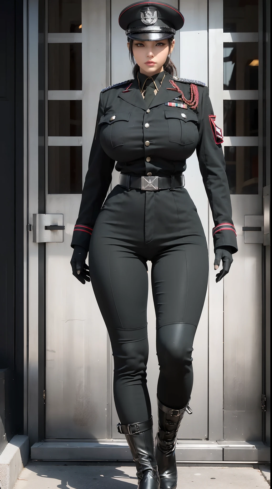 physically-based rendering, 1girl, Female soldier, (huge fake breasts:1.2), (street city), sexy muscular body, slim waist, big buttocks, (Full body:1.3), walking, skintight army pants, (military uniform:1.3).
