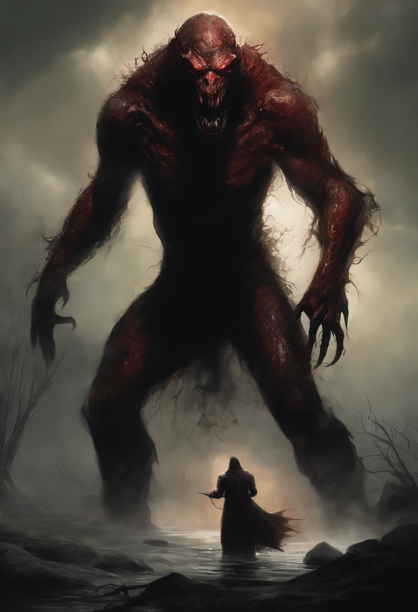 A painting of a demonic creature with a bloodied face and a bloodied head, carnage, Sci - Horror Art of Fiction, Science fiction horror artwork, inspired by Aleksi Briclot, Crocs de carnage, Horror fantasy art, par Aleksi Briclot, Horror concept art, venin, Art fantastique et horreur, Detailed illustration of 4K horror, Demonic creature, Dark Fantasy Horror Art, in woods, fangs
