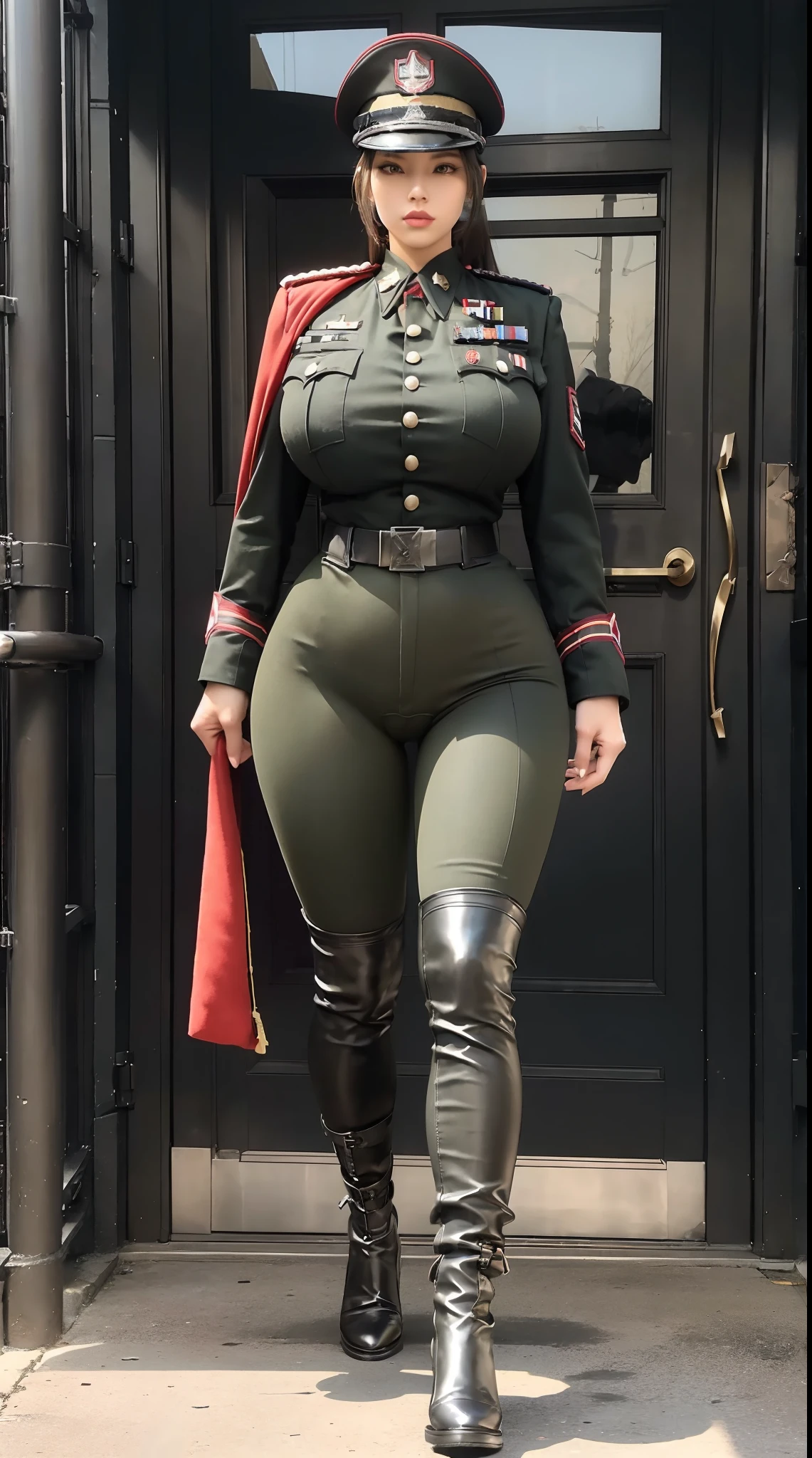 physically-based rendering, 1girl, Female soldier, (huge fake breasts:1.2), (street city), sexy muscular body, slim waist, big buttocks, (Full body:1.3), walking, skintight army pants, (military uniform:1.3).