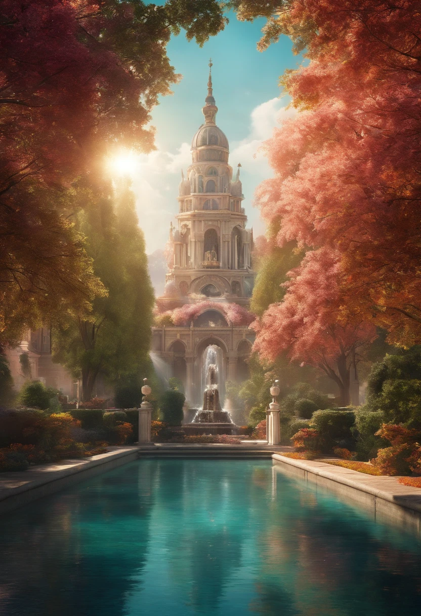 "Imagine a magical city with crystal streets that reflect celestial light, where a majestic fountain surrounded by luminous trees radiates a divine glow."
