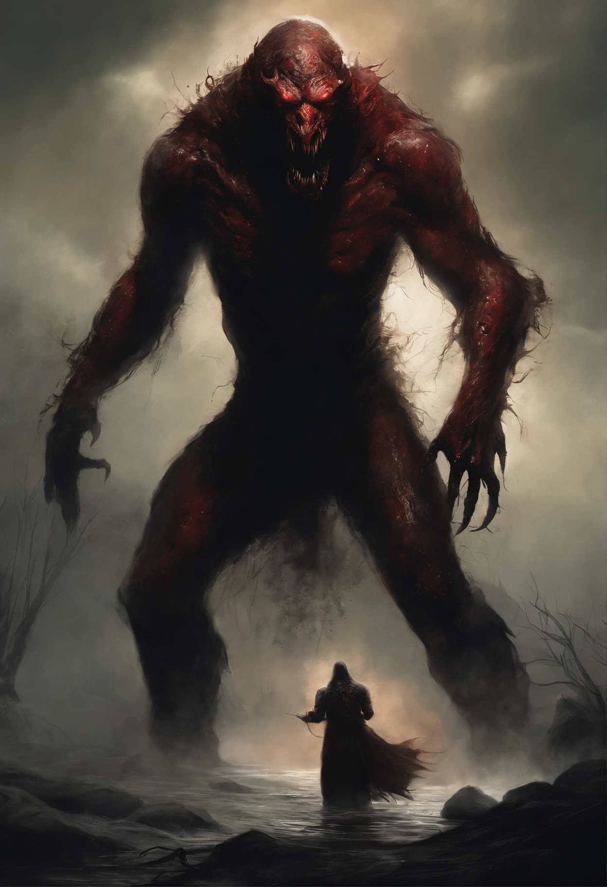A painting of a demonic creature with a bloodied face and a bloodied head, carnage, Sci - Horror Art of Fiction, Science fiction horror artwork, inspired by Aleksi Briclot, Crocs de carnage, Horror fantasy art, par Aleksi Briclot, Horror concept art, venin, Art fantastique et horreur, Detailed illustration of 4K horror, Demonic creature, Dark Fantasy Horror Art