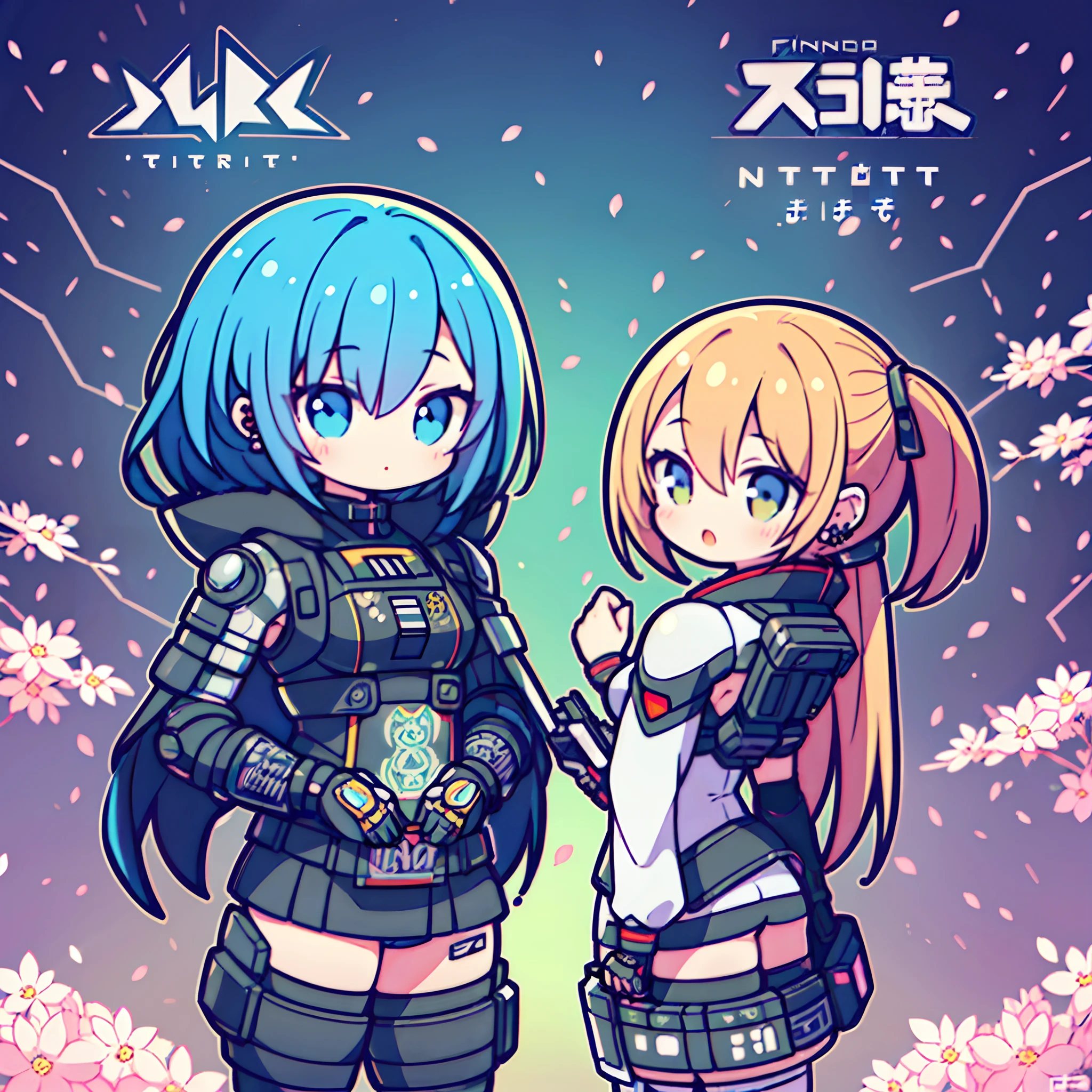 (2 girls) The cutest cyberpunk girls, wearing highly detailed futuristic cyberpunk battle armor, tattoos and piercings, finely detailed graffiti background, cherry blossoms blowing in the wind, perfect masterpiece, high quality, high resolution