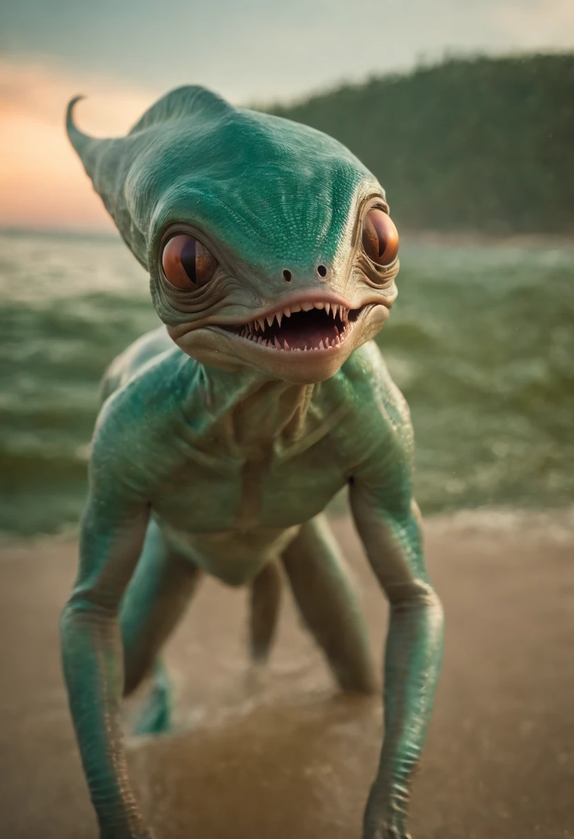 (melhor qualidade,alto,ultra-detalhado),Portrait of alien creature,tipo peixe,tamanho grande,paisagem da praia,sea of alien green water,cinco olhos brilhantes,dentes espetados,escamas escabrosa colorida,red skies,retrato,horror,artistas conceituais,vivid colors,foco nítido,studio lighting