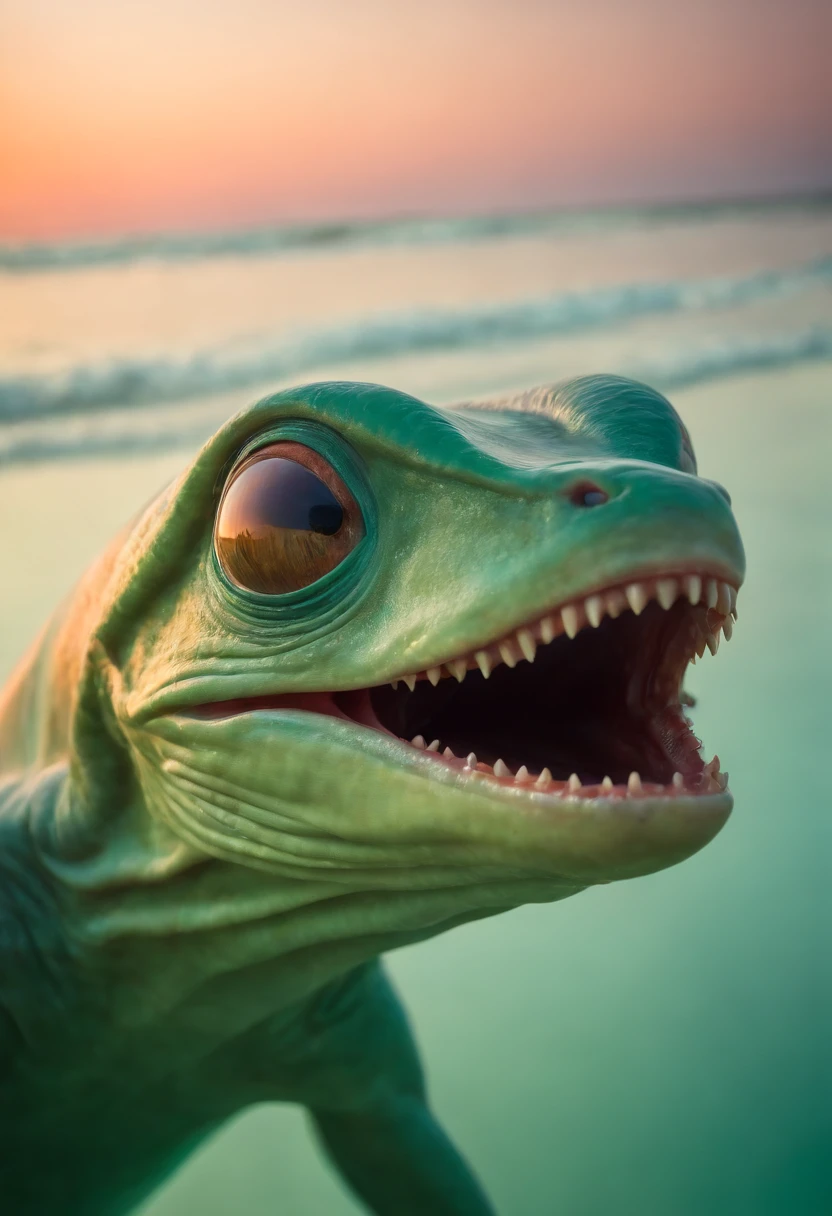 (melhor qualidade,alto,ultra-detalhado),Portrait of alien creature,tipo peixe,tamanho grande,paisagem da praia,sea of alien green water,cinco olhos brilhantes,dentes espetados,escamas escabrosa colorida,red skies,retrato,horror,artistas conceituais,vivid colors,foco nítido,studio lighting