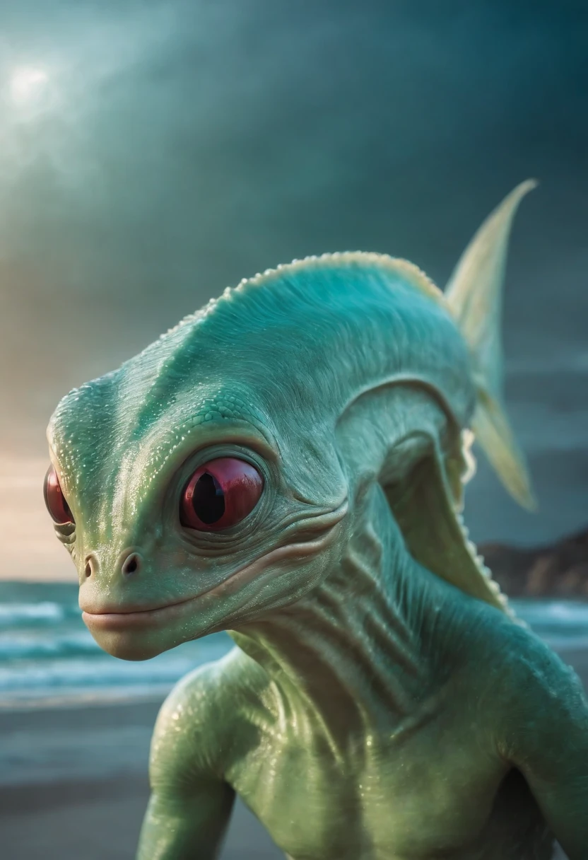 (melhor qualidade,alto,ultra-detalhado),Portrait of alien creature,tipo peixe,tamanho grande,paisagem da praia,sea of alien green water,cinco olhos brilhantes,dentes espetados,escamas escabrosa colorida,red skies,retrato,horror,artistas conceituais,vivid colors,foco nítido,studio lighting