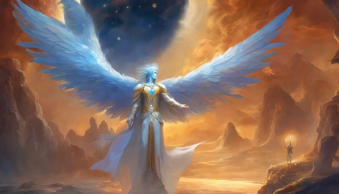 uma pintura de um homem anjo, com um rosto bonito, ((Ansioso)),((corpo muscular do homem, corpo escultural, forte,pernas bem torneadas e musculosas)), ((O rcanjo Miguel)), ((with several huge wings)), ((Asas de Anjo)), various positions (((tiro de corpo inteiro)), homem de corpo inteiro, Frank Kelly Freas, Estilo Karol Bak, best quality,32k ultra qualidade,  qualidade do papel de desfile, imagem do filme, Classic 8K