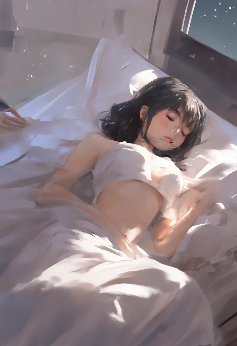 Best quality, masterpiece, ultra high res, (photorealistic:1.4), raw photo, nana komatsu, (((beautiful young sexy face))), naked, (((sleeping, eyes closed))), legs spread open, hairy female pubic hair, cum, wet. laying down in hospital bed, ite, skinny, small breast, flat chest, wet