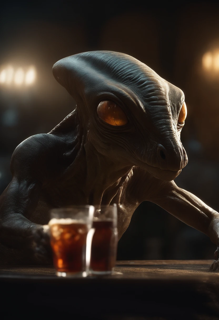 An alien creature with a flattened head, 2 ojos negros grandes, Drinking coke with another alien of his kind , [插圖] durante (La mejor calidad,4k,8k,altas,pieza maestra:1.2), ultra detallado, (realista,fotorrealista,fotorrealista:1.37), HDR, UHD, Studio lighting, extreme detail description, profesional, vivid colors, Bokeh, [artista conceptual], [Science-Fiction], [retrato], [paisaje].