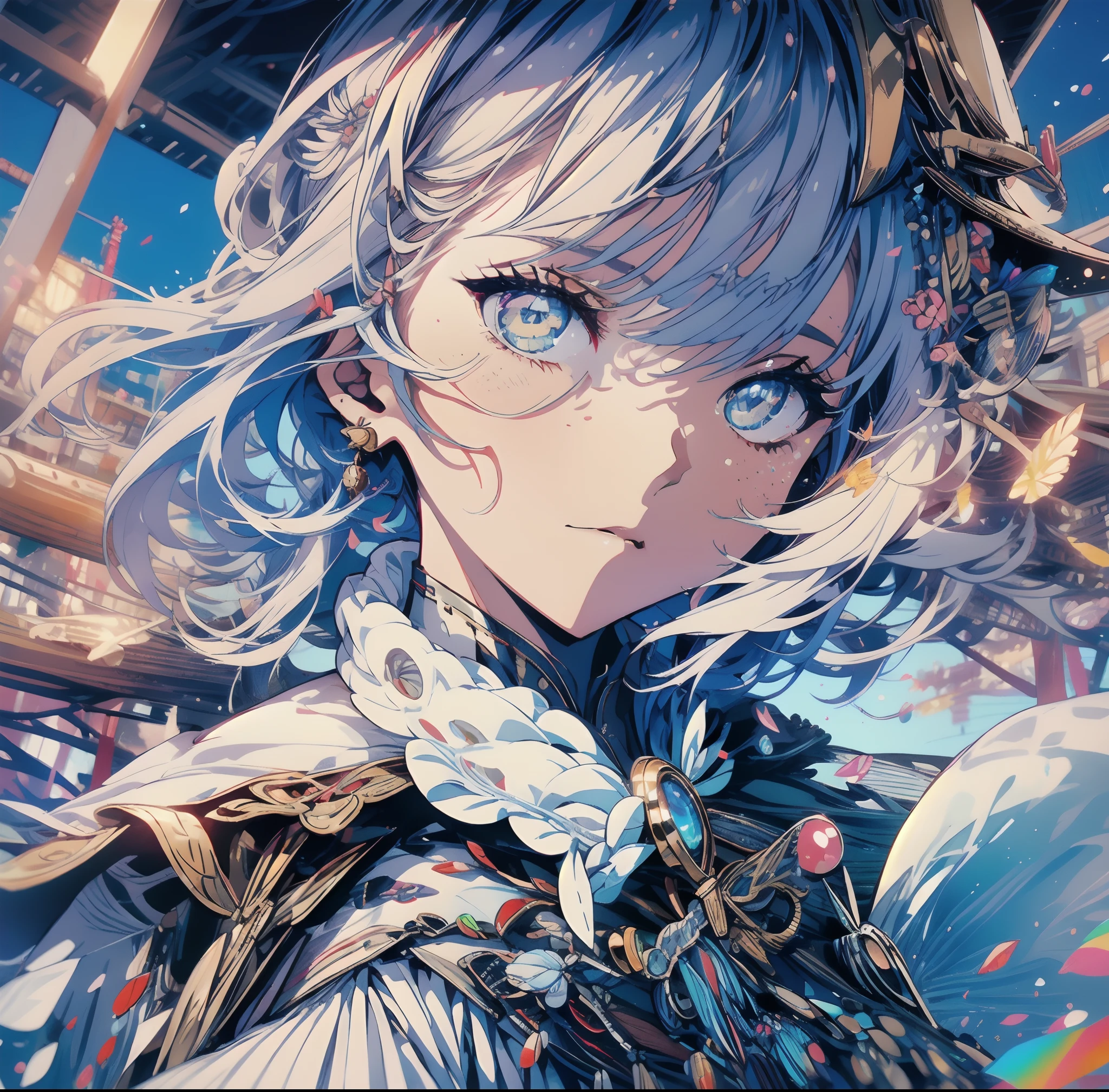 Girl with short white hair, yellow cat eyes, white jacket with small golden details, short white shirt, short white shorts, serious face, golden earrings, golden details in her clothes, extremely elegant, BREAK, sky, torii sanctuary gate, expansive blue sky, perfect clouds, moving wind, sakura petals, (ultra-realistic), {extremely detailed 8k CG unit wallpaper}, expansive landscape photography, (a view from below that prioritizes character and elegance of the sky above, wide open field view), (low angle shot), (high light: 1.4), (low light: 1.5), (warm light source: 1.5), complex details, (colors iridescent: 1.7), (bright lighting), (atmospheric lighting), dreamy, elegant, magical, majestic