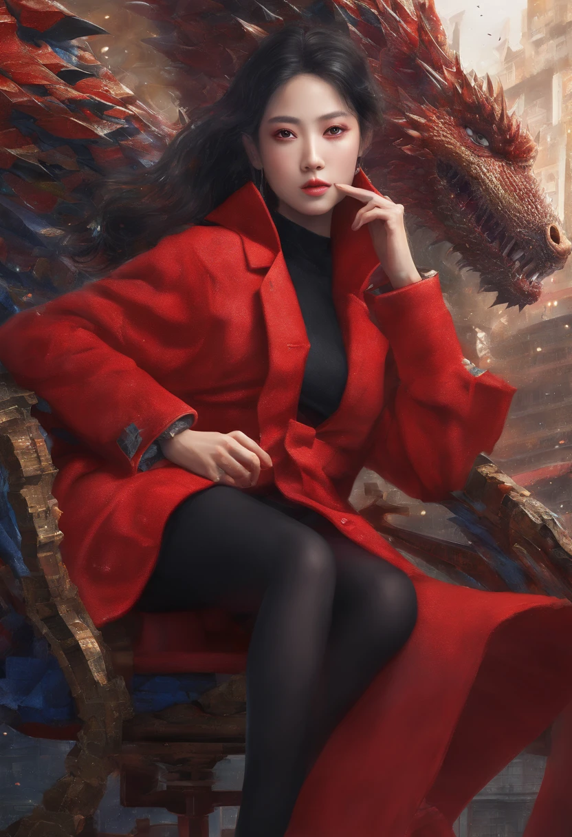 Woman in red coat sitting on chair with dragon, popular on ArtStation Pixiv, Detailed anime artwork, Detailed Digital Anime Art, Complex gorgeous anime CGI style, Gubes at Pixiv Art Station, Pixiv Gbes, anime fantasy illustration, detailed anime art, clean detailed anime art, Detailed key anime art, Red Lip Micro Open, nude