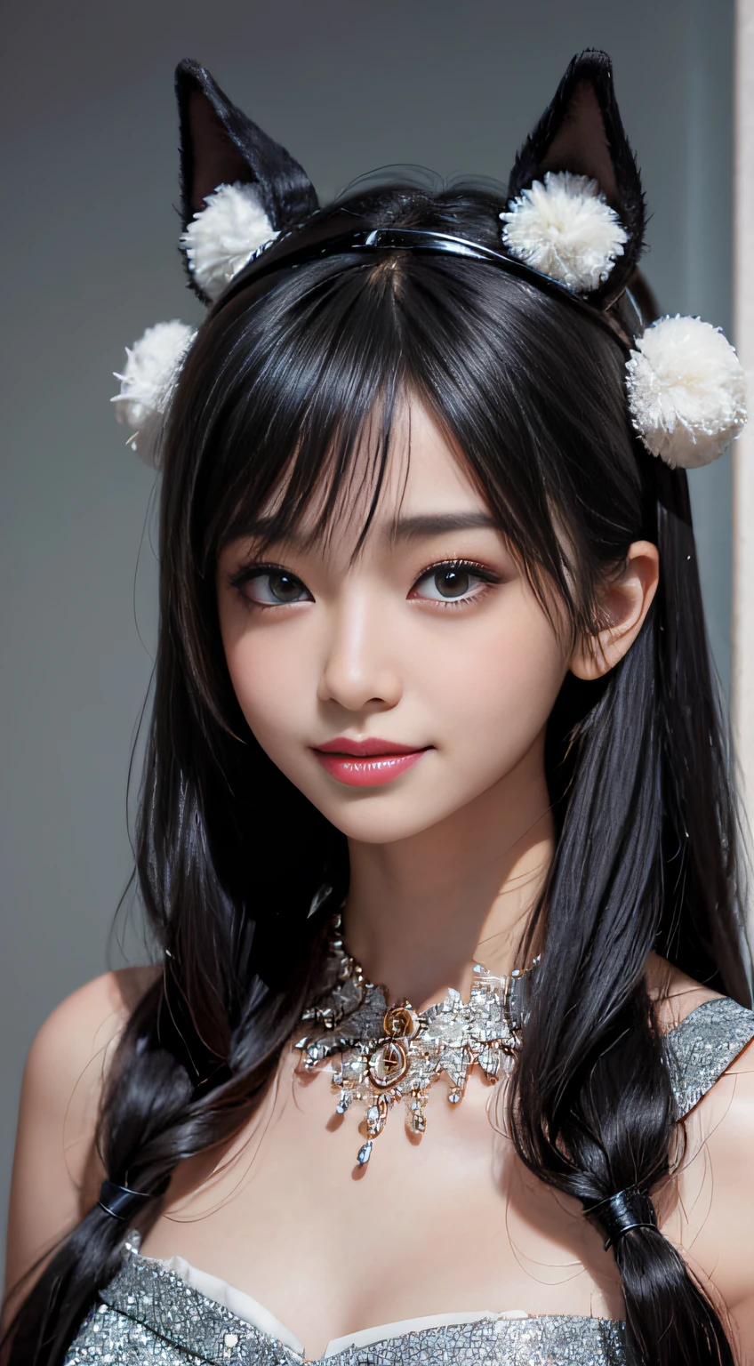 Black hair, hair bobbles, wince, longeyelashes, Solid Circle Eyes, Fake animal ears, lightsmile, ear blush, tusk, surrealism, drop shadow, anaglyph, stereograms, Tachi-e, POV, Atmospheric perspective, 8K, Super Detail, ccurate, Best Quality, nffsw, retinas, ccurate, Anatomically correct, Textured skin, Super Detail, High quality, Best Quality, hight resolution, 1080p, hard disk, 8K、cute seductive smile, Beautiful Asian Girl, Beautiful Asian Woman, friendly seductive smile, cute young woman, Beautiful young asian woman, young cute wan asian face, Korean Girl, with a seductive smile, Young Asian Girl