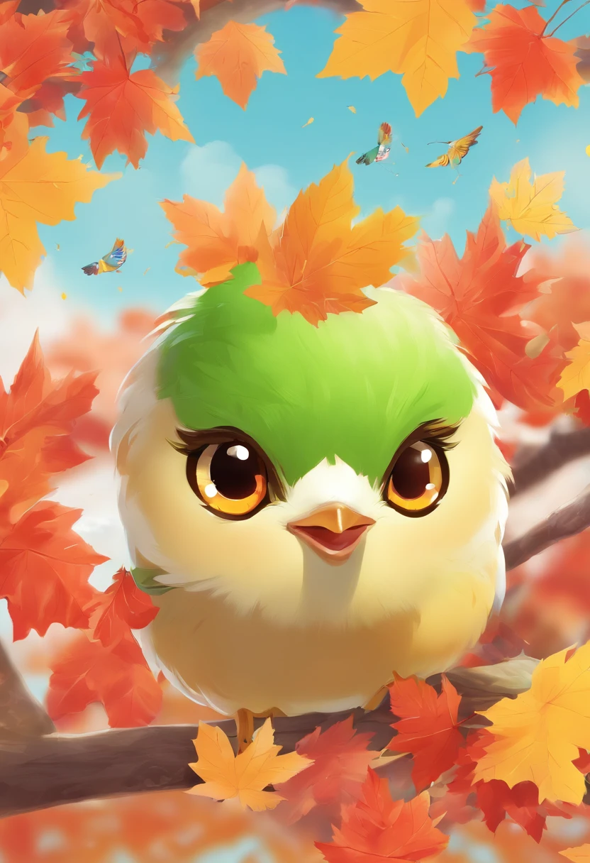 Two super cute green white-eye birds spread their wings and fly in the autumn maple leaves, maple red, flying birds, beautiful scenery, autumn, red maples flying, Bird long shot tracking photography