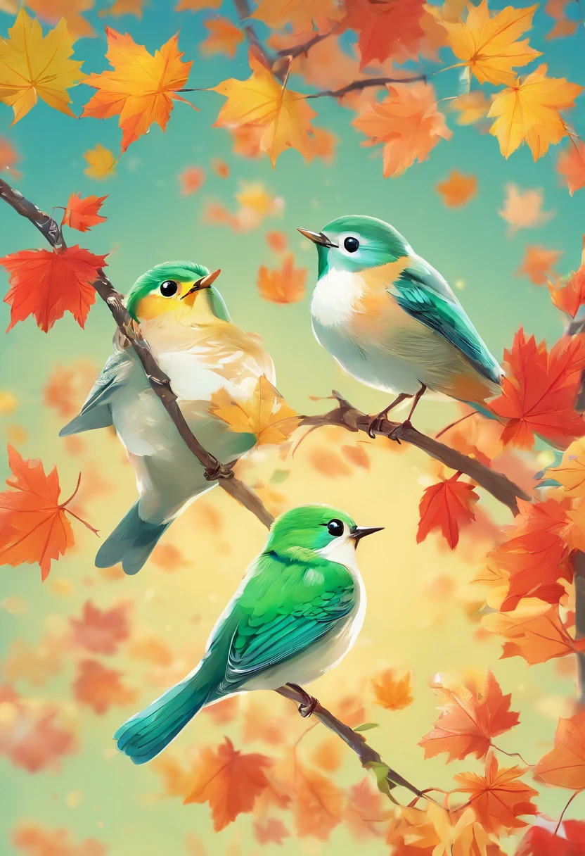 Two super cute green white-eye birds spread their wings and fly in the autumn maple leaves, maple red, flying birds, beautiful scenery, autumn, red maples flying, Bird long shot tracking photography