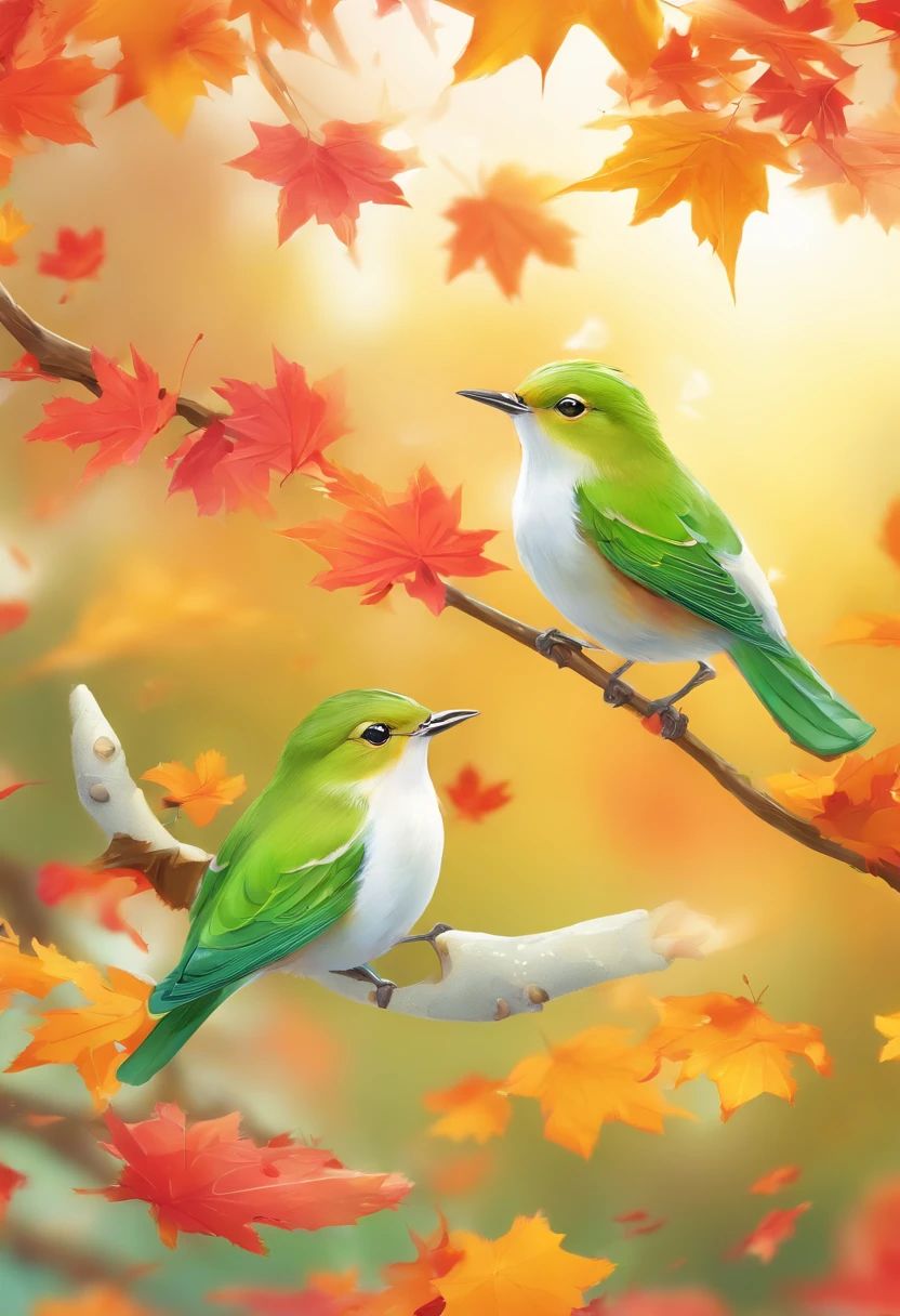 Two super cute green white-eye birds spread their wings and fly in the autumn maple leaves, maple red, flying birds, beautiful scenery, autumn, red maples flying, Bird long shot tracking photography