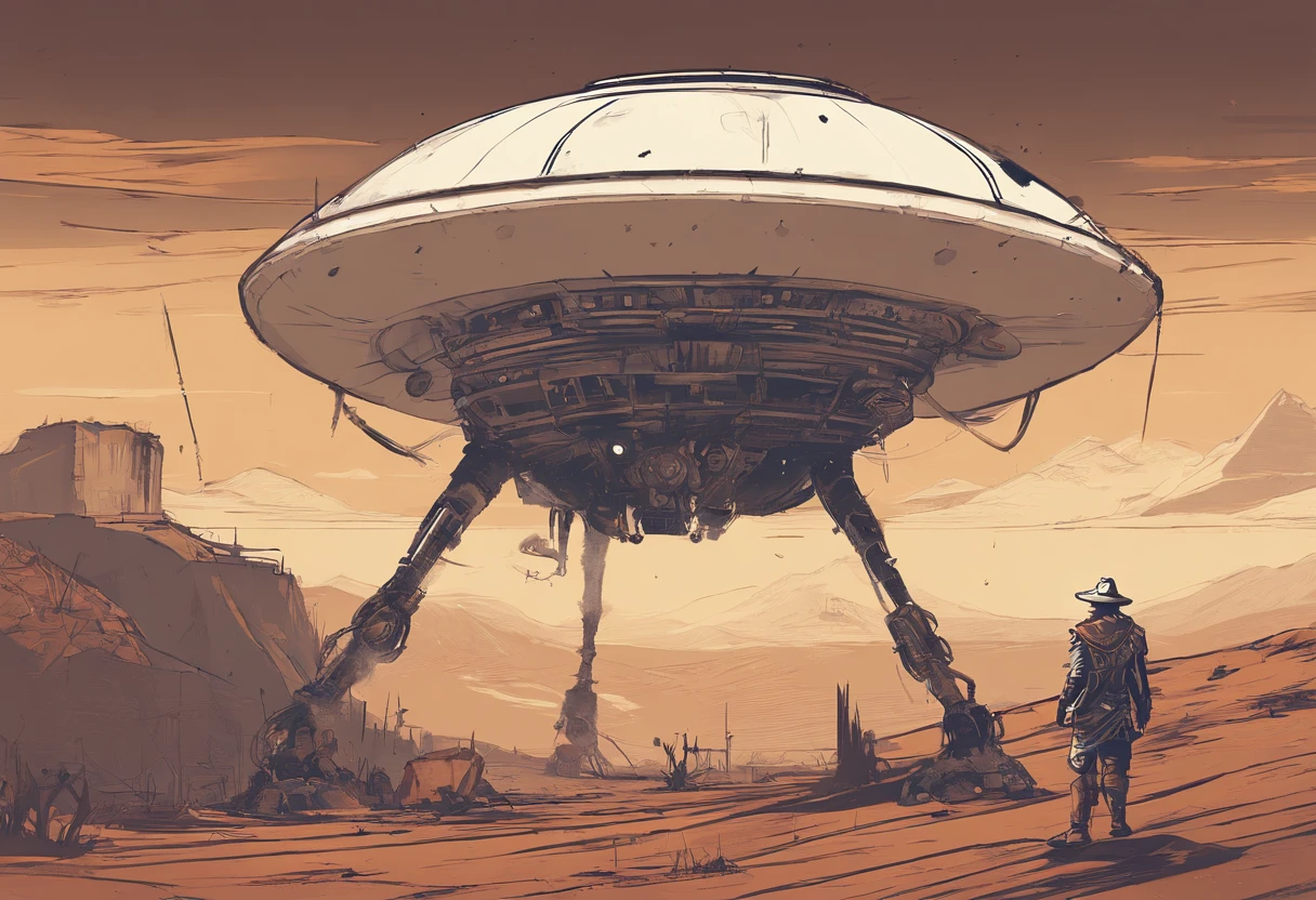 Apocalyptic War, Tons de branco, Preto, Um deserto, sobrevivente, , Sombreamento, atmosfera sombria, Escura, ((Noite)), Banners, capa do livro,deserto,Estilo ocidental,Construction of vacant lots,Robot cowboys,Cidade Ocidental,Motos,a revolver,Muralha do castelo,(flying saucer in the sky), alto contraste