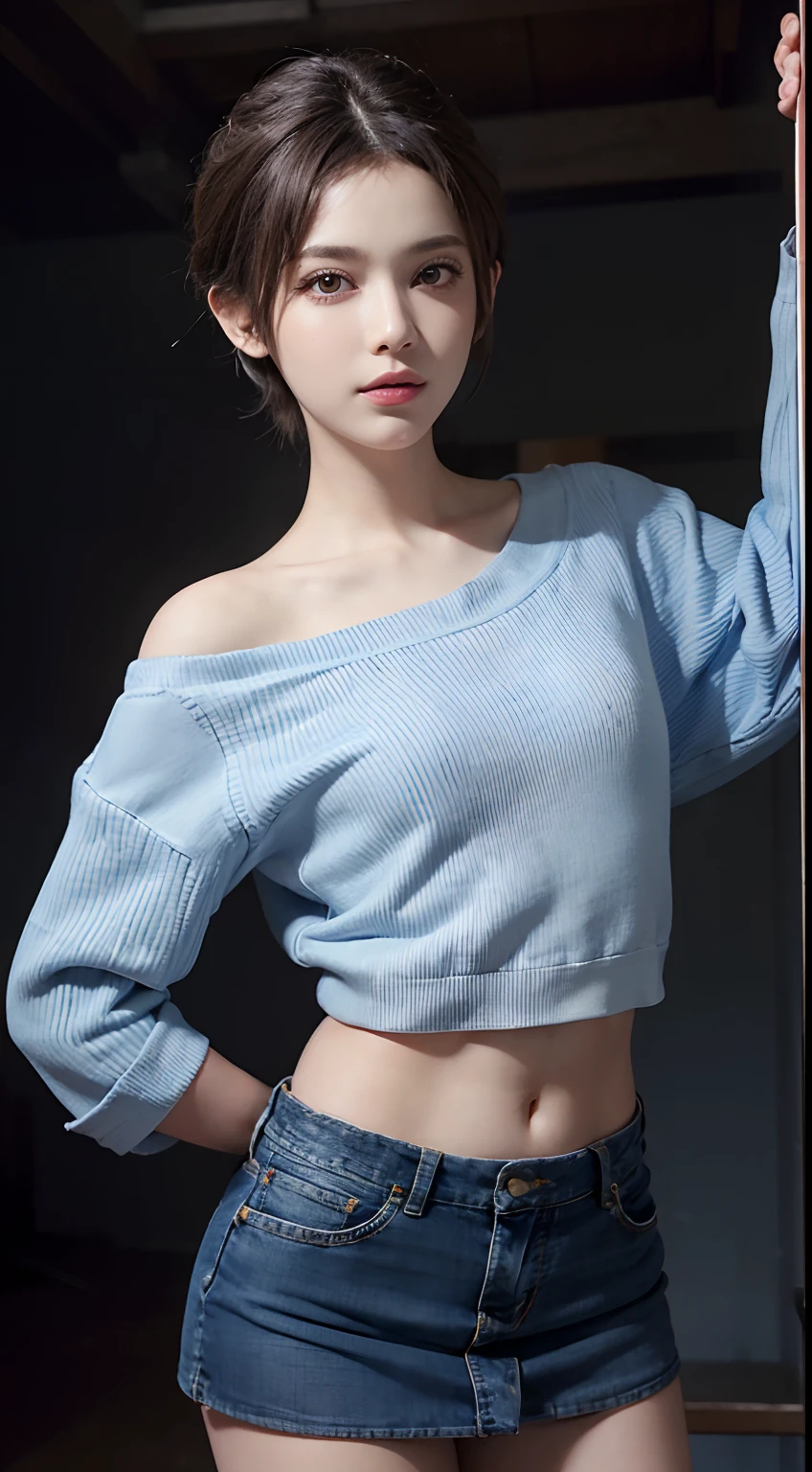 (masuter piece:1.3)、(8K、Photorealsitic、Raw photography、top-quality: 1.4)、(1girl in)、beautiful countenance、(Lifelike face)、(A dark-haired、short-hair)、
Beautiful hairstyle、realisticeyes、Beautiful details、(real looking skin)、Beautiful skins、absurderes、enticing、超A high resolution、A hyper-realistic、high-detail、the golden ratio、
((wide open abdomen))、((open abdomen))、((wide open navel))、((open navel))、((Mid-Riff Sweater))、((Ultra-low rise、Denim Mini Skirt))、
((Navel Ejection))、((small hips))、((long limbs))、((small hip))、((Ultra-low rise))、((Denim Mini Skirt))、