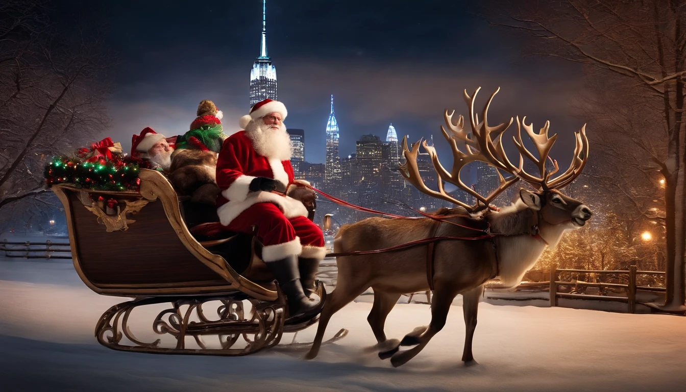 santa in sleigh with reindeer, front of sleigh looking at camera, new york city skyline in background at night