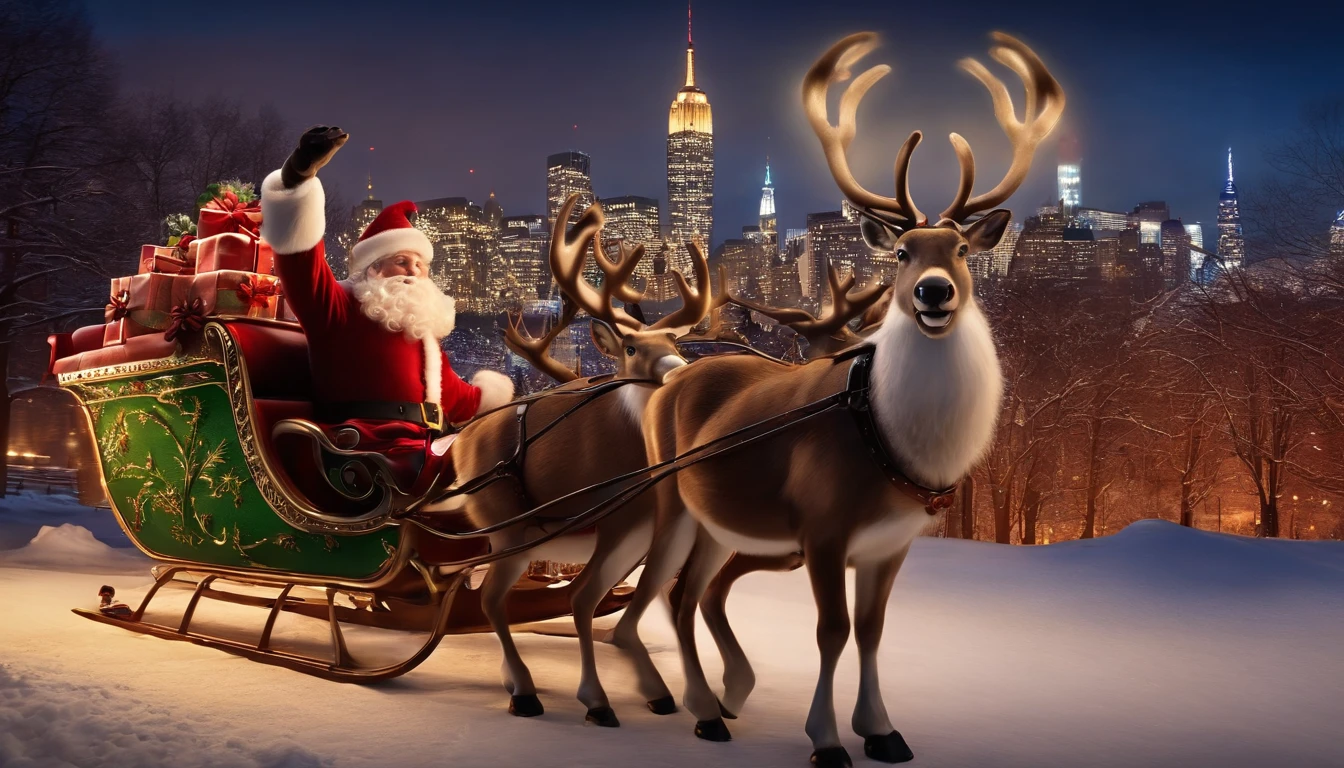 santa in sleigh with reindeer, front of sleigh looking at camera, new york city skyline in background at night
