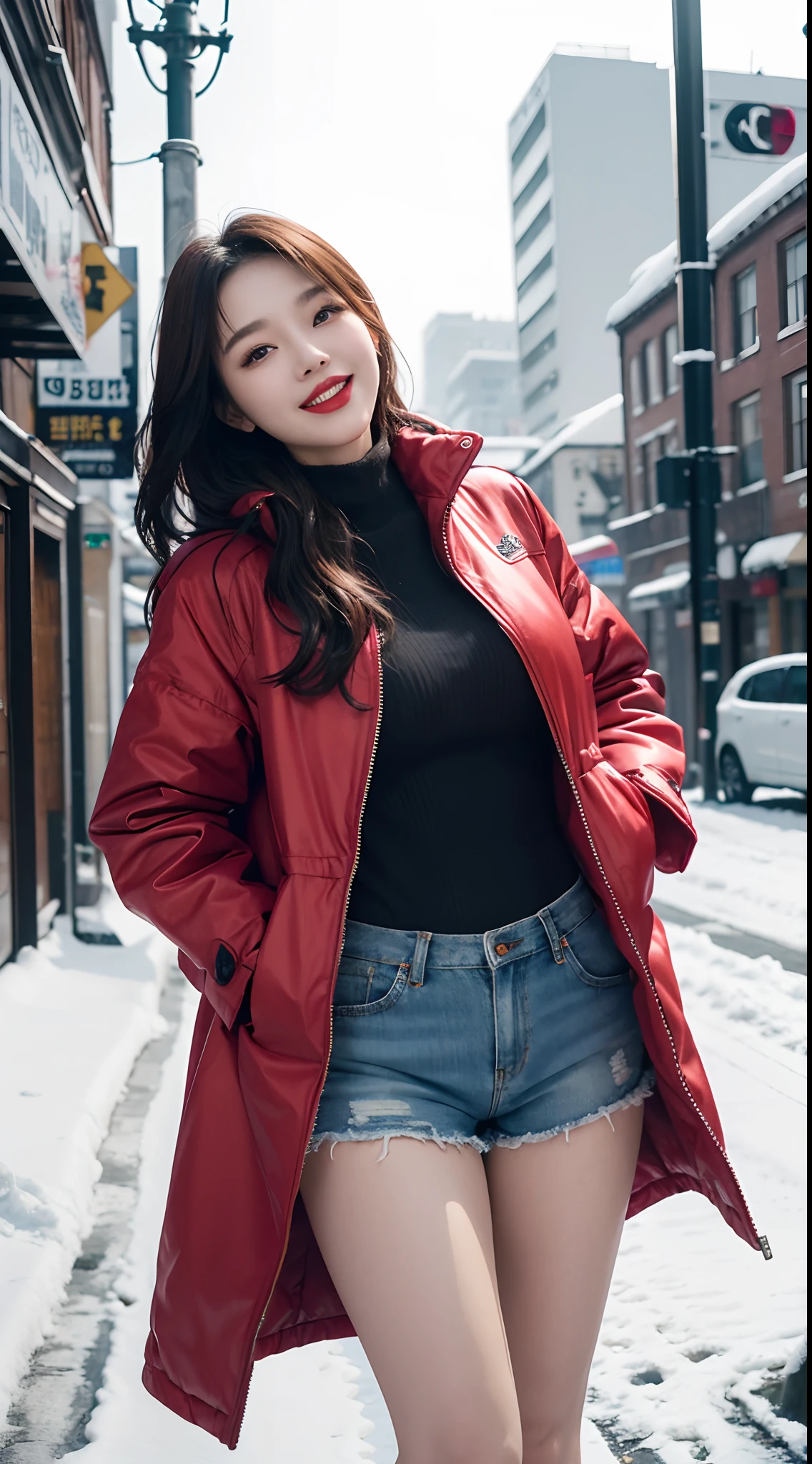 best quality, 4k, 8k, Detailed faces, clear face, pretty girls, Korean makeup, Red lips, laugh, perfect body, big breasts, thigh, The girl wears a long and wide coat, Underneath the jacket was a toptube and tight short shorts, lower abdomen, Snowscape, winter, street,