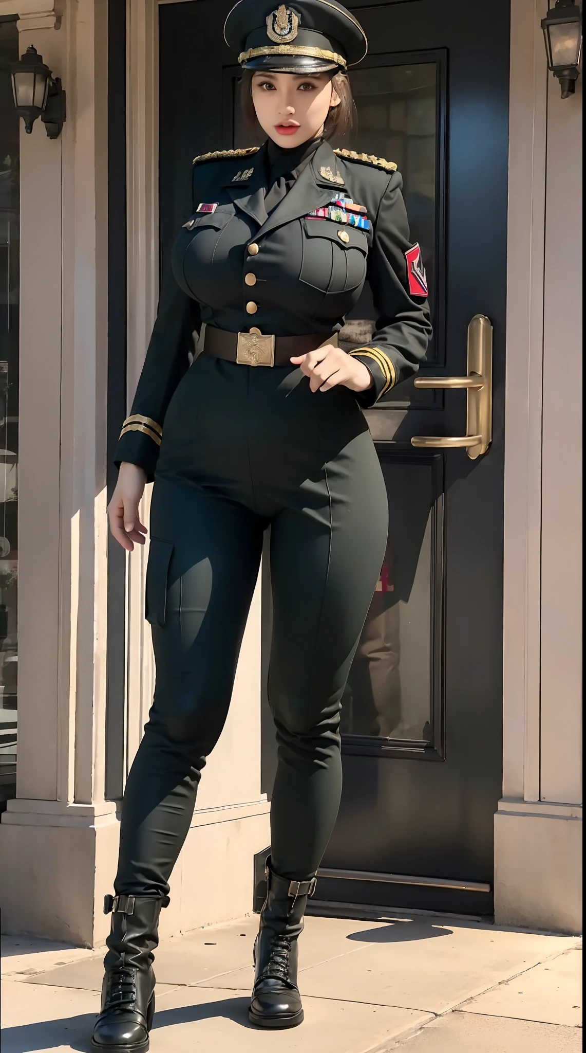 physically-based rendering, 1girl, Female soldier, (huge fake breasts:1.2), (street city), sexy muscular body, slim waist, big buttocks, (Full body:1.3), walking, skintight army pants, (military uniform:1.3).