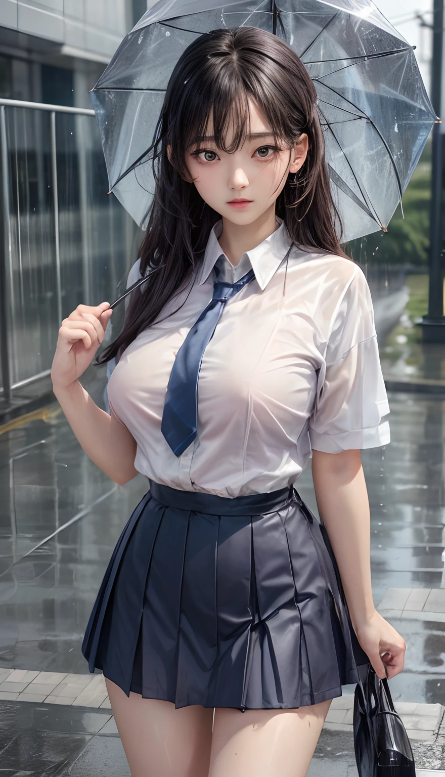 (best quality,highres,masterpiece:1.2),ultra-detailed,realistic,photorealistic,portraits,beautiful girl in a school uniform with a navy blue necktie,exquisite details of the girl's face and eyes,long eyelashes,flawless complexion,plaid skirt,white blouse,classic school uniform style,effortlessly elegant pose,soft studio lighting,vibrant colors with a touch of blue tones,subtle sunlight casting a gentle glow on the girl's face and hair,crisp and sharp focus,meticulous attention to every strand of hair,delicate folds on the uniform,subtle shadows adding depth to the image,a sense of nostalgia and youth,meticulously hand-painted strokes resembling traditional oil painting techniques.