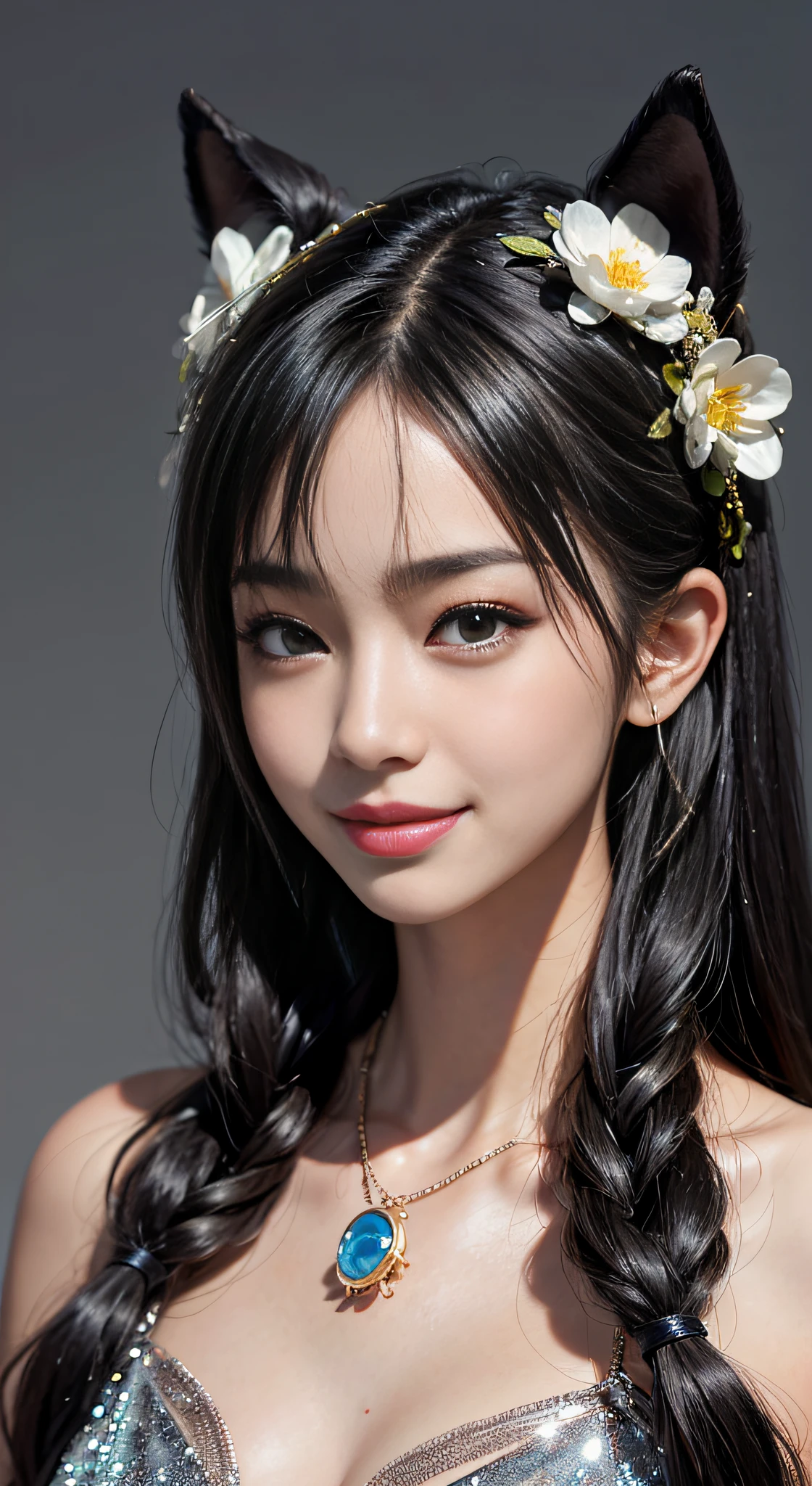 Black hair, hair bobbles, wince, longeyelashes, Solid Circle Eyes, Fake animal ears, lightsmile, ear blush, tusk, surrealism, drop shadow, anaglyph, stereograms, Tachi-e, POV, Atmospheric perspective, 8K, Super Detail, ccurate, Best Quality, nffsw, retinas, ccurate, Anatomically correct, Textured skin, Super Detail, High quality, Best Quality, hight resolution, 1080p, hard disk, 8K、cute seductive smile, Beautiful Asian Girl, Beautiful Asian Woman, friendly seductive smile, cute young woman, Beautiful young asian woman, young cute wan asian face, Korean Girl, with a seductive smile, Young Asian Girl