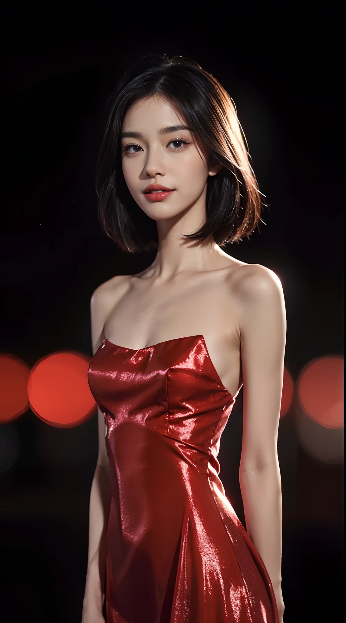 (shoulder length straight short black hair: 1.3), （Extremely meticulous CG 8k wallpaper），（Extremely refined and beautiful），（Masterpiece），（best qualtiy：1.0），（Ultra High Resolution：1.0），beautiful light up，Perfect lightning，realistic shaded，[A high resolution]，Smooth and flawless fair skin，Extremely exquisite facial details，（perfect body：1.1），ultra - detailed,1 beautiful girl，small head,(Flat chests:1.3)，slim，thin，Smile，cheerfulness，(gorgeous red Evening Dress Long Dress:1.5),Slender legs,shoulder off,bare shoulder,upper body,close shot,cowboy shot,(Portrait above chest level:1.2),(Photo booth:1.2),(Bright light:1.2),standing,Night view, at Tiananmen Square