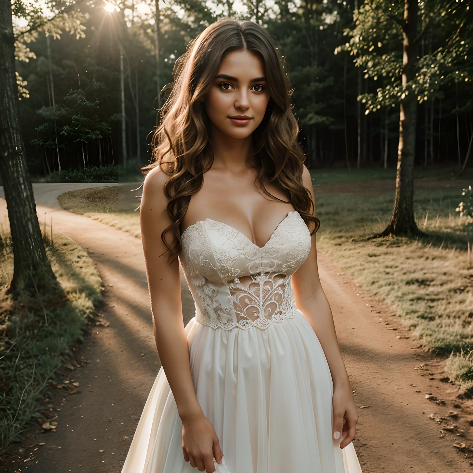 Full body photography of a stunning girl, 5 foot 4 inch height, wearing a strapless lace wedding dress, full natural bust, wavy hair, standing at the alter of a rustic outdoor summer wedding, intense look, natural makeup, smiling, looks into the camera, symmetrical eyes, symmetrical face, photorealistic, photography, path tracing, specular lighting, volumetric face light, path traced hair, visible shadows, intricate, elaborate, hyper realistic
