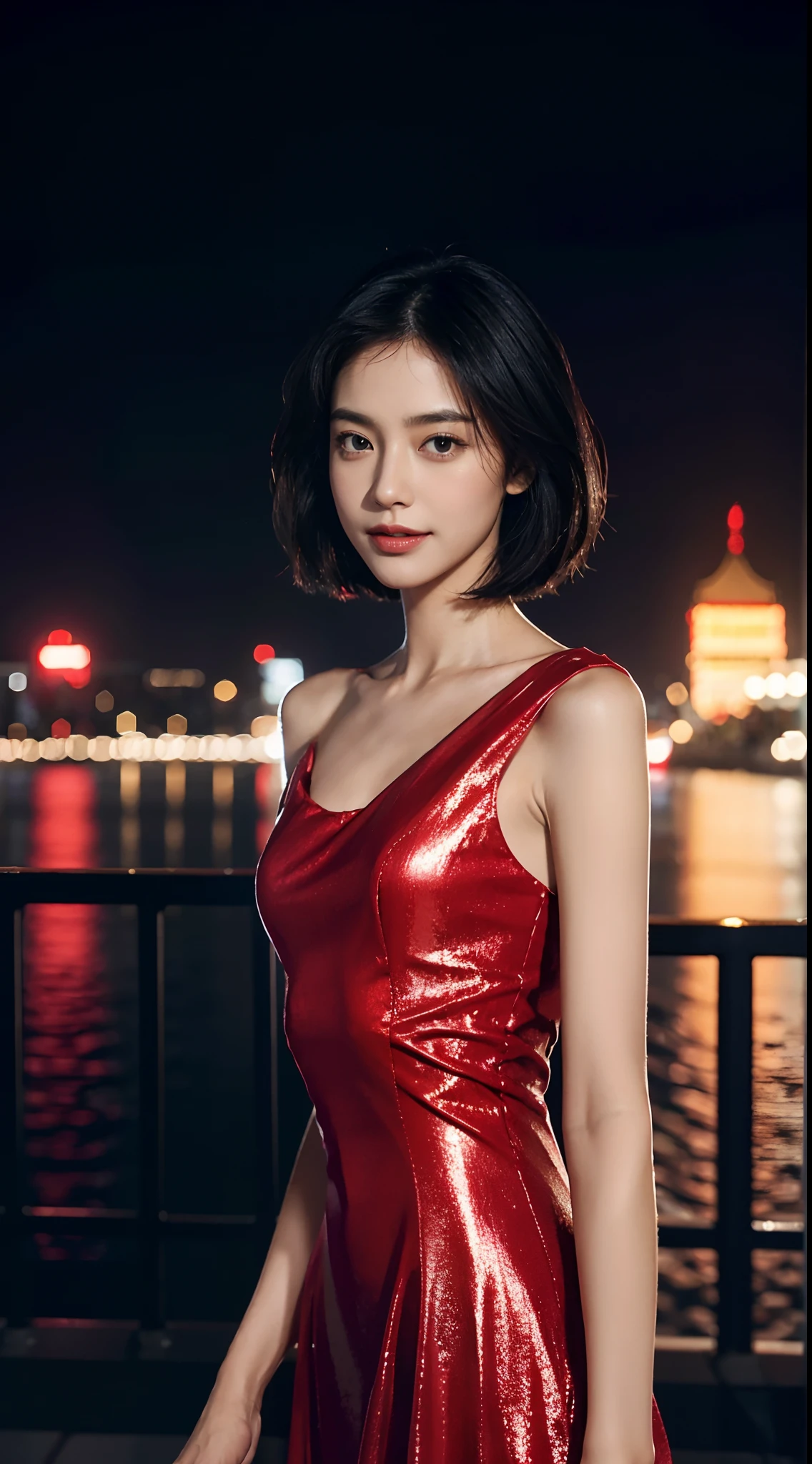 (shoulder length straight short black hair: 1.3), （Extremely meticulous CG 8k wallpaper），（Extremely refined and beautiful），（Masterpiece），（best qualtiy：1.0），（Ultra High Resolution：1.0），beautiful light up，Perfect lightning，realistic shaded，[A high resolution]，Smooth and flawless fair skin，Extremely exquisite facial details，（perfect body：1.1），ultra - detailed,1 beautiful girl，small head,(Flat chests:1.3)，slim，thin，Smile，cheerfulness，(gorgeous red Evening Dress Long Dress:1.5),Slender legs,shoulder off,bare shoulder,upper body,close shot,cowboy shot,(Portrait above chest level:1.2),(Photo booth:1.2),(Bright light:1.2),standing,Night view, at Tiananmen Square