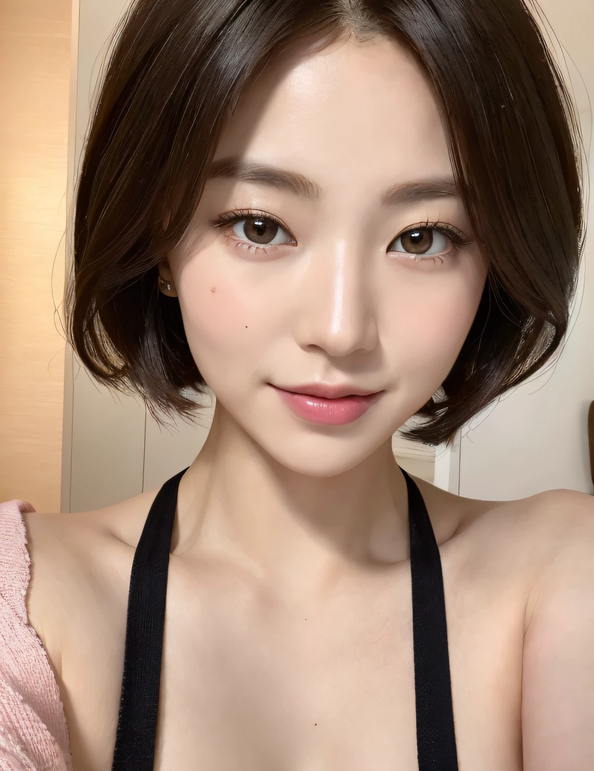 ((Realistic light、Top image quality、8k、​masterpiece:1.3))、1girl in、Slim figure beauty:1.4、Brown hair、((ultra-fine breasts:1.3))、Off-shoulder cut top:1.3、Super detailed face、detailedeyes、双眼皮、Own room、a smile、cleavage of the breast、Sagging milk、((droopy chest))、((Beautie))、But i am hotter when my morning hair's  a mess