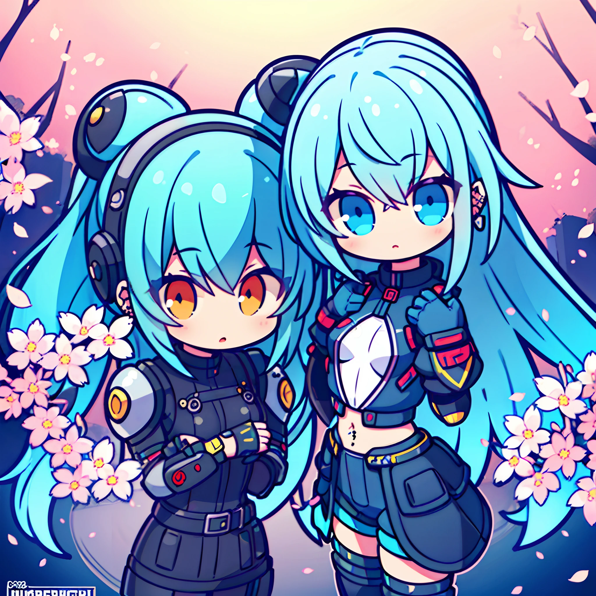 (2 girls) The cutest cyberpunk girls, wearing highly detailed futuristic cyberpunk battle armor, tattoos and piercings, finely detailed graffiti background, cherry blossoms blowing in the wind, perfect masterpiece, high quality, high resolution