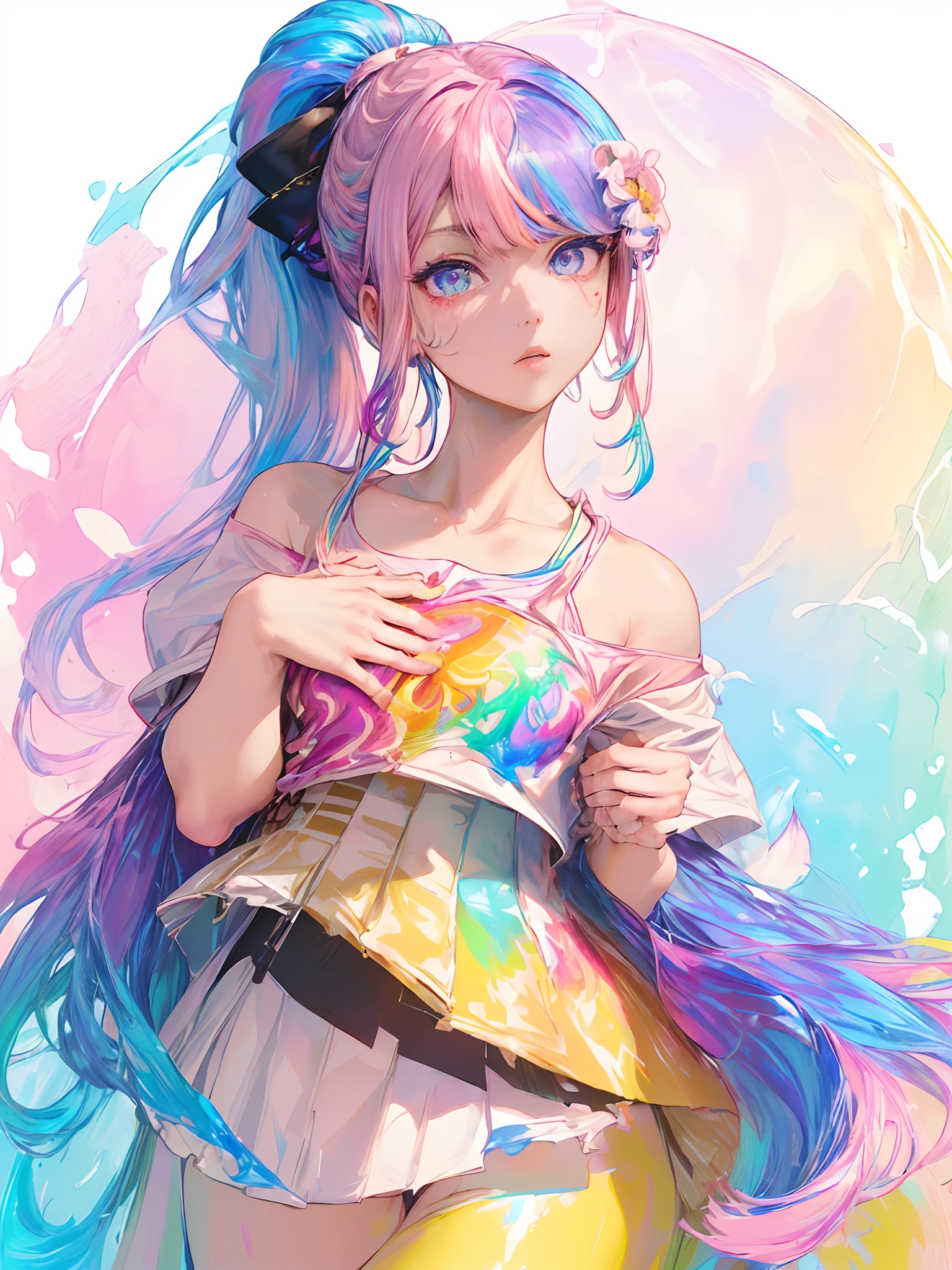 (SFW、masuter piece、Best Quality、masutepiece、top-quality、Top image quality、extremely beautiful lady)、(Pink fashion T-shirt:1.9)、(colourful hair:1.8)、(all the colours of the rainbow:1.8)、((((Vertical Painting:1.6)))、(Painterly:1.6)、frontage、comic strip、illustratio、Painterly、big eye、Sheer eyes、(Iridescent gradient high ponytail:1.7)、Exquisite makeup、Mouth closed、(Small fresh:1.5)、(Wipe Chest:1.6)、long eyeslashes、White off-the-shoulder T-shirt、White shoulder shirt、looking at the spectator、Large watery eyes、(rainbow-colored hair:1.6)、 color splashes, (独奏:1.8), color splashes, Color explosion, Thick paint style, Messy lines, ((Shines)), (colourfull), (colourfull), colourfull, colourfull, Chic paint style, (Splash) (color splashes), Vertical Painting, The upper part of the body, Paint splashes, Acrylic Pigment, gradients, paint, Top image quality, Top image quality, ​masterpiece, 独奏, depth of fields, facepaint, colourful clothes, (elegent: 1.2), Gorgeous,length hair, the wind, (elegent: 1.3), (flower petals:1.4)、(((​masterpiece)))、(((top-quality)))、((ultra-detailliert))、(illustratio)、(dynamic ungle)、((Planktonic))、(paint)、((dishevled hair))、(独奏)、(1girl in)、((Detailed anima face)))、((beautifull detailed face))、collars、bare shoulders​、white  hair、((colourful hair))、(((striated hair))、beatiful detailed eyes、(Gradient color eyes)、(((Colorful eyes))))、(colorful backdrop))))、((((a high chroma))))、(((Surrounded by colorful splashes)))、lightbrown hair、Intense crystal light blue eyes、Highlights in the eyes、Look firmly at the camera、((extremely beautiful lady、NSFW Anything?、masuter piece、Highest Standards、top-quality、Top image quality、超A high resolution、Symmetrical beauty、Add strong highlights to the eyes))、Be bold in the crotch、very massive udder、Exposed udder、Beautiful areola、protruding papillae、(huge-breasted)、portlate、Perfect Angle、acrobatic pose、(Professional quality、hight resolution)、perfect contrast、Perfect litthing、perfect-composition、flawless skin、perfect hand、Pretend to be