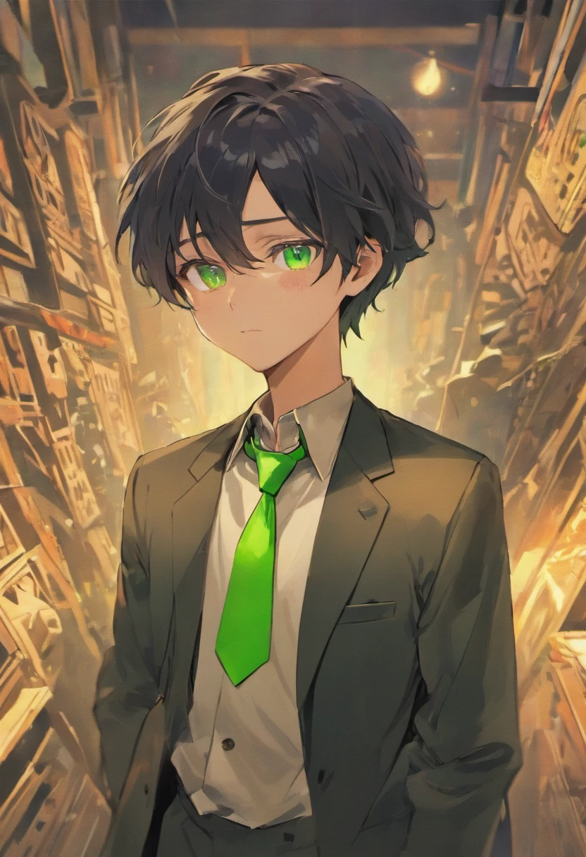 black hair, (Cadmium green-colored eyes), 1boy, navy-colored UK school uniform with a navy tie and peach-colored waistcoat, guy, manly, (blank face), masterpiece, best quality, (extremely detailed CG:1.2), ultra realistic lighting, ultra-detailed, intricate details, Highres, 4K, 8K, handsome, (no shadow), round glasses