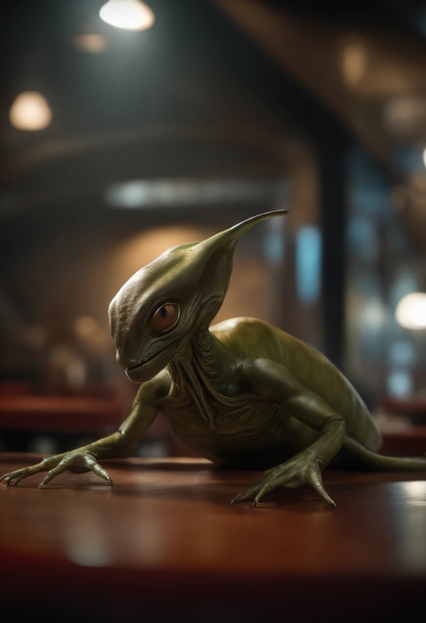 An alien creature with a flattened head, 2 ojos negros grandes, Bebiendo cafe en un bar, de fondo personas sentadas , [插圖] durante (La mejor calidad,4k,8k,altas,pieza maestra:1.2), ultra detallado, (realista,fotorrealista,fotorrealista:1.37), HDR, UHD, Studio lighting, extreme detail description, profesional, vivid colors, Bokeh, [artista conceptual], [Science-Fiction], [retrato], [paisaje].