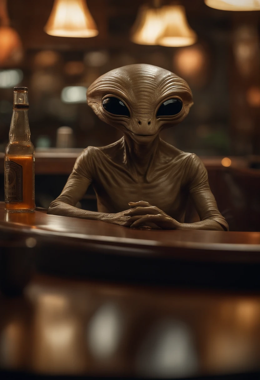 male aliens head with hair and scales mucous with wrinkles gray brown green blue eyes bulging look of terror pointed nose of aliens thin muscular body tall aliens mucous with 4 humanoid women beautiful blonde head blue eyes slender sitting the 2 drinking a bottled beer in a restaurant in Miami United States sitting