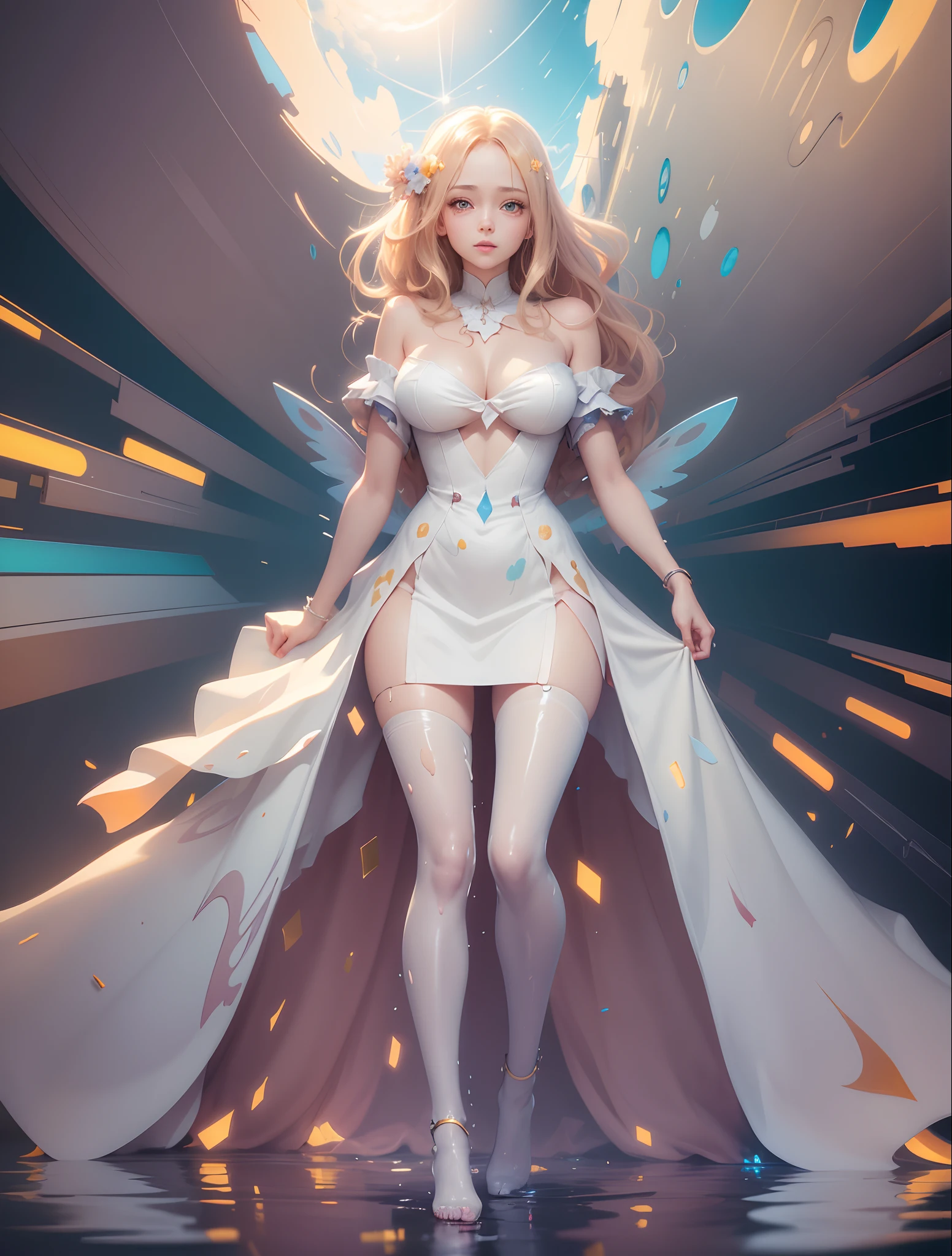 masterpiece, Splash art, colorful, colorful splash art, A painting with dripping and scattered paint, magician beautiful woman, full body, normal fingers, 24k resolution, professional model photoshoot wearing a mini dress and blouse, close-up of anime woman with bright beautiful detailed eyes, wet-on-wet, shiny, shimmery, glittery, Ross Tran, high quality, 8K Ultra HD, beautiful woman, A digital illustration of anime style, digital anime paintings of her, soft anime tones, Feels like Japanese anime, colorful, A painting with dripping and scattered paint, Painting like Agnes Cecile, blurry, pale touch, smudged outline, like a fairy tale, beautiful face, Her hair is gently swaying in the breeze, Summer clouds spreading far away, Her hair is gently swaying in the breeze, and the sun is shining down on her, casting a warm glow on her skin, pale brown dress, large eyes, a little smile, luminism, three dimensional effect, Alphonse Beeple, luminism, 3d render, octane render, Isometric,