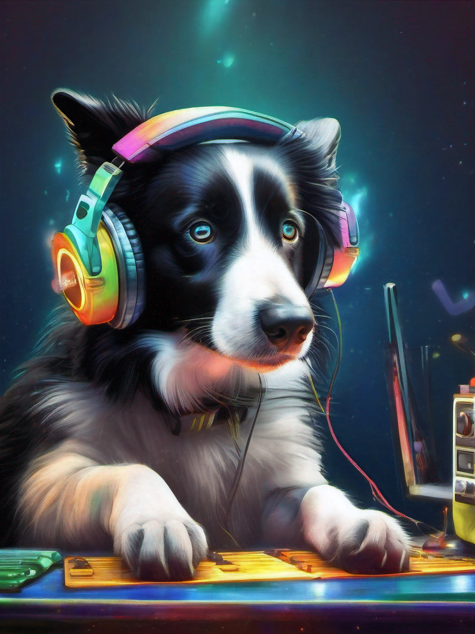 um cachorro Border Collie, pintura estilo 3D aquarela, DJ dog listening to music, cachorro DJ, imagem completa, High resolution high contrast (Foto realista:1.2), (Foto RAW, 8k UHD,