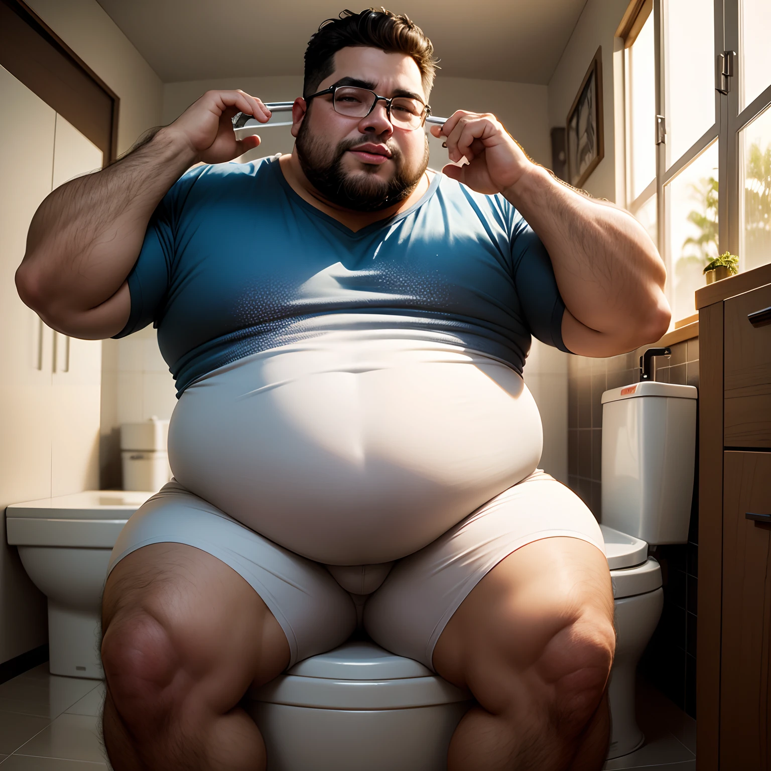 Imagem realista de um homem gordo, Sitting in the toilet,pano de fundo banheiro, editado no Adobe Premiere