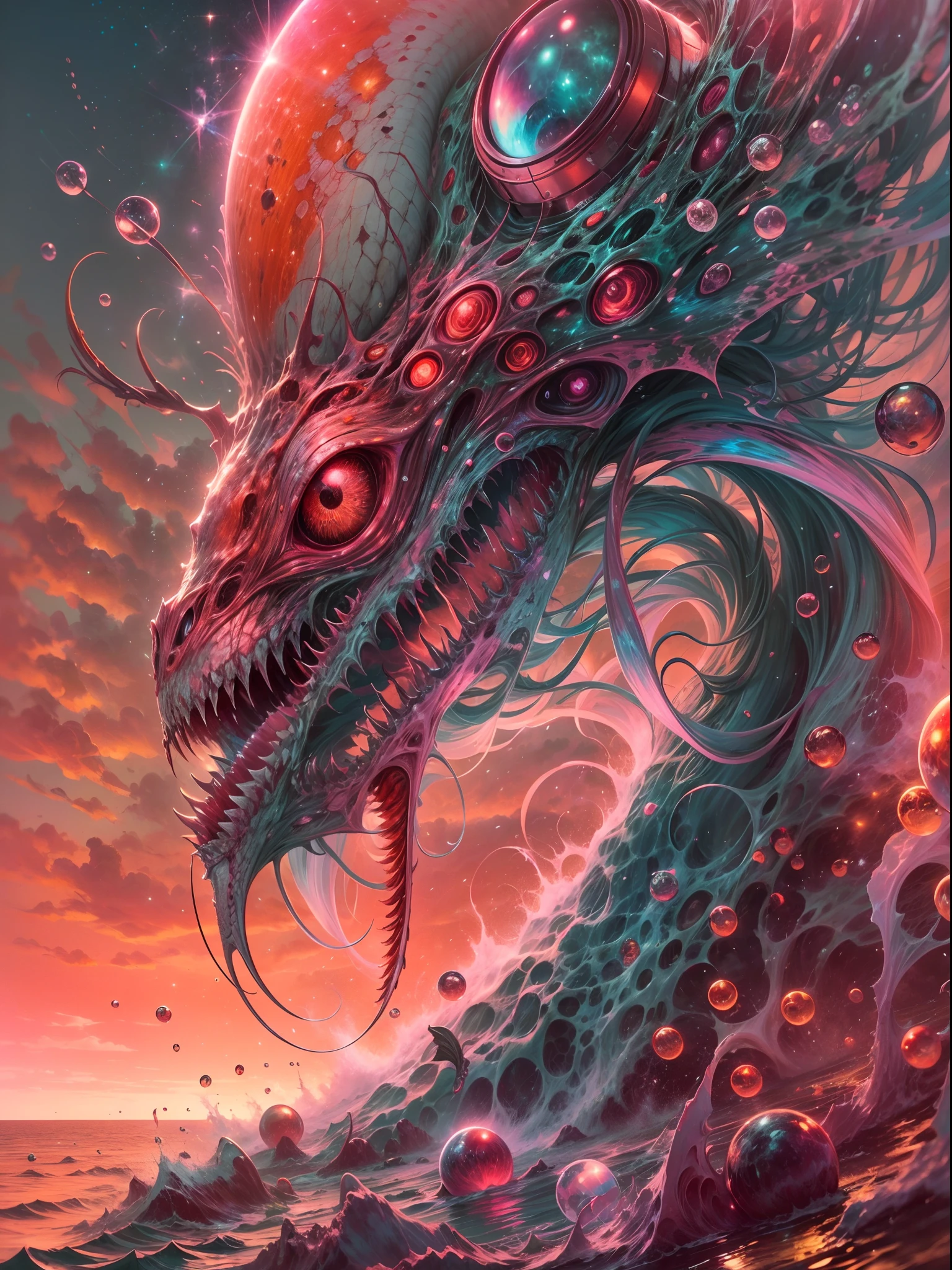 (best quality,alto,ultra-detalhado),Portrait of alien creature,tipo peixe,tamanho grande,paisagem da praia,sea of alien green water,cinco olhos brilhantes,dentes espetados,escamas escabrosa colorida,red skies,retrato,horror,artistas conceituais,vivid colors,foco nítido,studio lighting