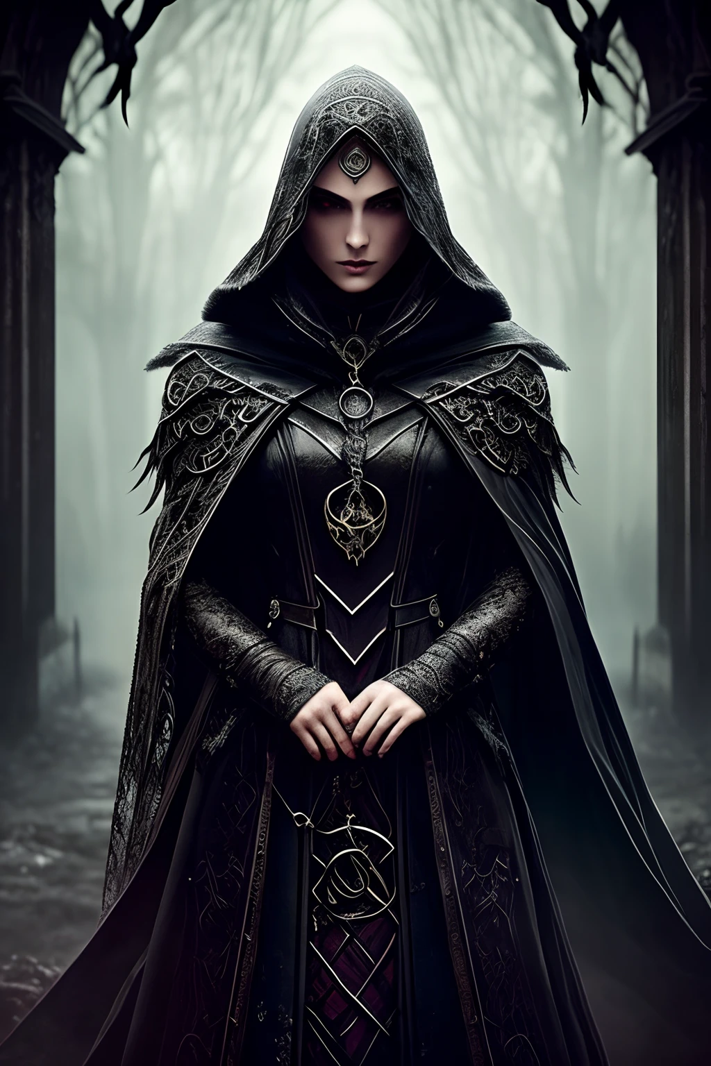 (best quality,ultra-detailed,realistic:1.37),a pale woman with red eyes wearing a black cloak,dark fantasy,rpg,portraits,detailed portrait,dark atmosphere,female character,long dark hair,expressive red eyes,pale skin,mysterious and enigmatic look,dramatic lighting,ominous mood,gothic style,thick black cloak,detailed facial features,pale lips,dark and eerie background,medieval setting,ancient ruins,mystical symbols,magical elements,ethereal glow,dark shadows,sinister ambiance,spellbinding presence,hauntingly beautiful,mysterious aura,high contrast,rich colors,contrasting textures,supernatural theme,enchanted scenery,otherworldly charm,foreboding presence,dramatic composition,heroic and epic feel,adventure,quest,intense gaze.
