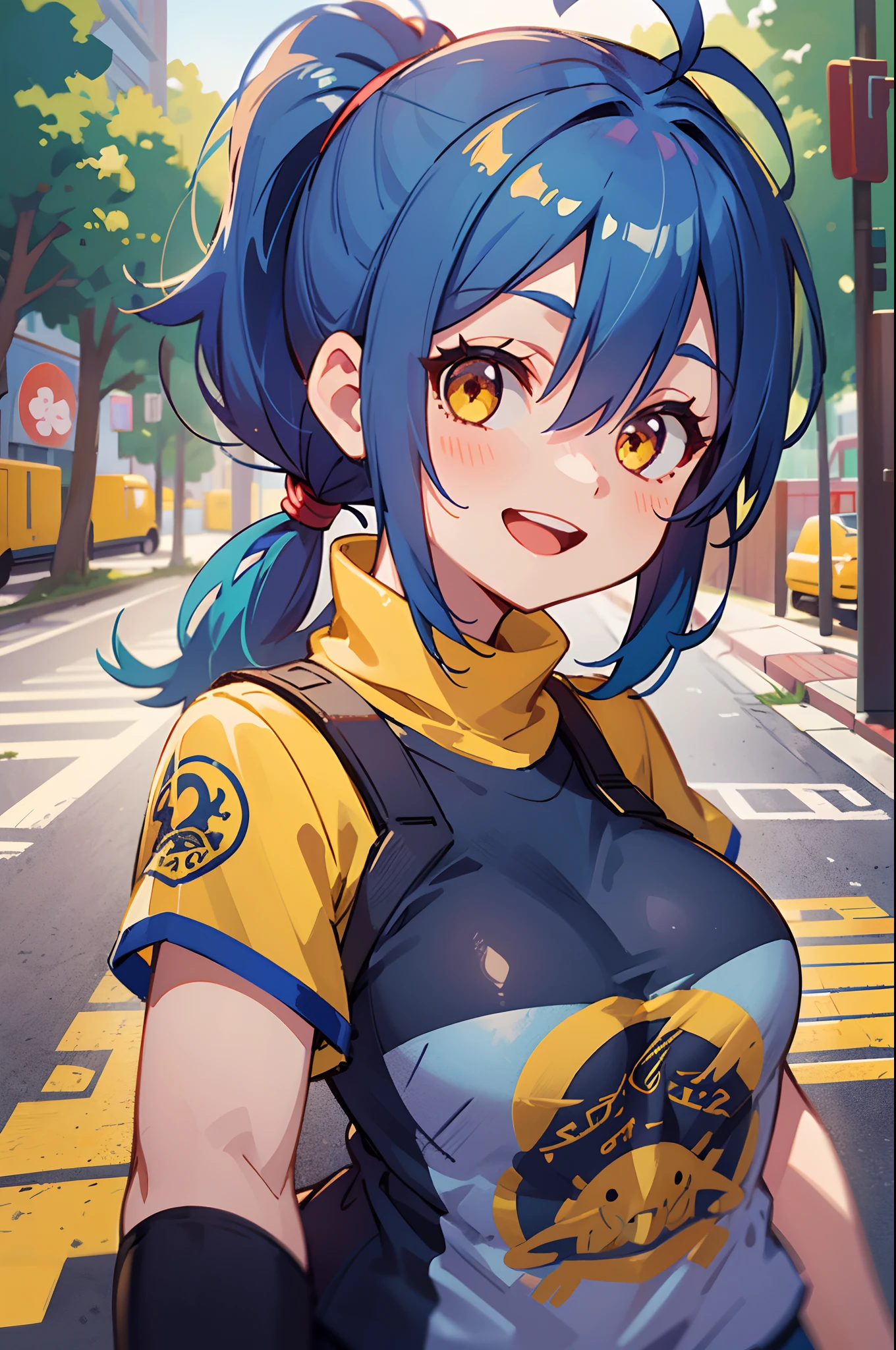 1girl in、Niko-chan、a 18 year old girl、middle size breasts、Blue hair、Pony tail、glowing yellow eyes、Bangs between the eyes、Ahoge、Turtleneck T-Shirt、shortpants、Cheerful smile、Stand in front of a street tree、facial close-up