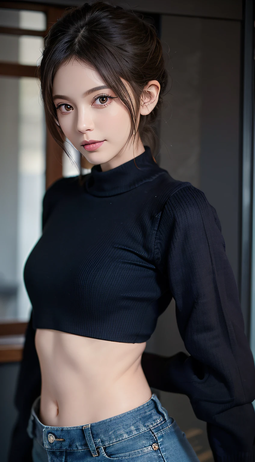 (masuter piece:1.3)、(8K、Photorealsitic、Raw photography、top-quality: 1.4)、(1girl in)、beautiful countenance、(Lifelike face)、(A dark-haired、short-hair)、
Beautiful hairstyle、realisticeyes、Beautiful details、（real looking skin）、Beautiful skins、absurderes、enticing、超A high resolution、A hyper-realistic、high-detail、the golden ratio、
((wide open abdomen))、((open abdomen))、((wide open navel))、((open navel))、((Mid-Riff Sweater))、((Ultra-low rise、Denim Mini Skirt))、
((Navel Ejection))、((small hips))、((long limbs))、((small  hip))、((Ultra-low rise))、((Denim Mini Skirt))、