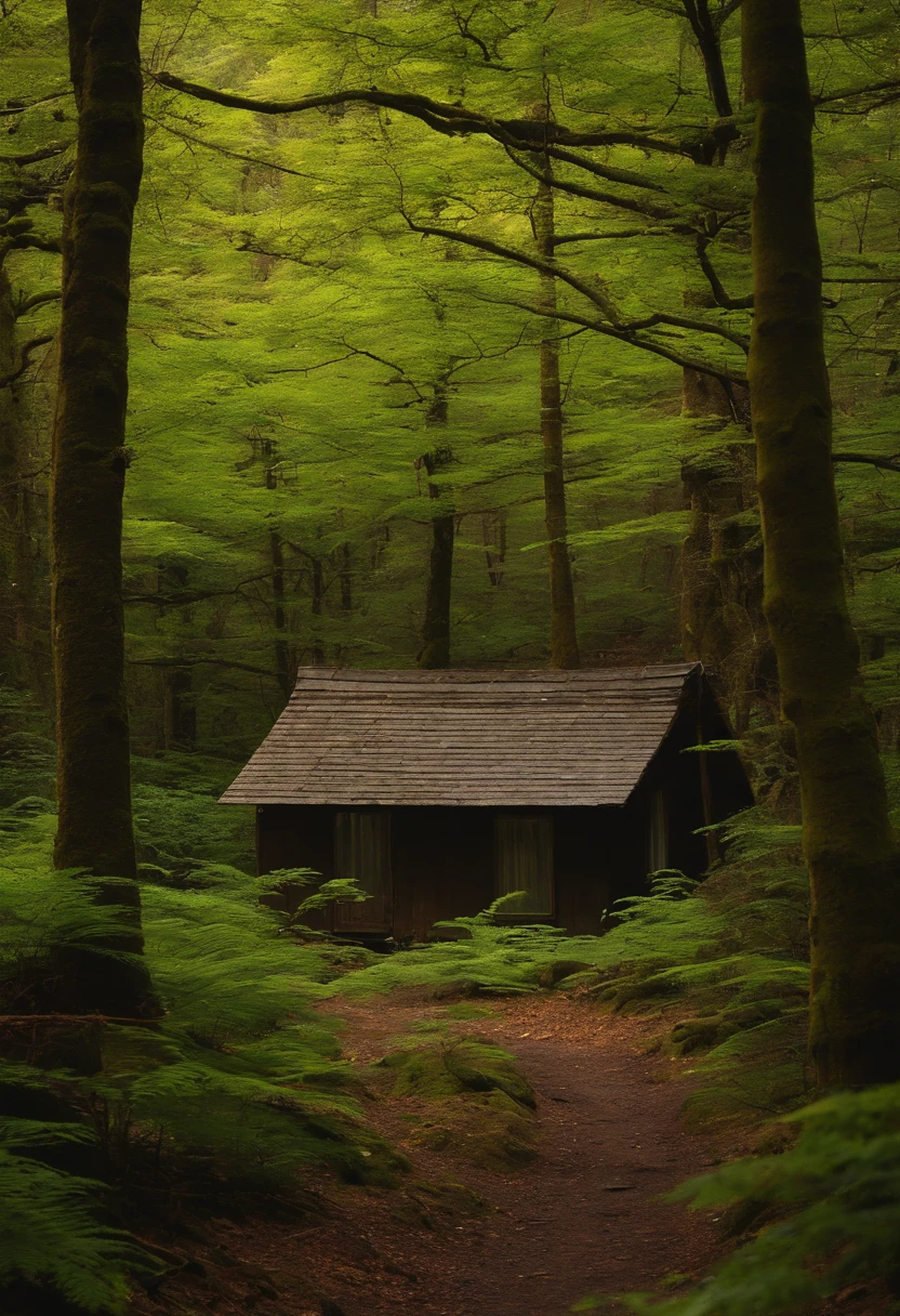 Kenji entra na floresta de Aokigahara ao anoitecer. he's alone, nervoso, Shooting with your camera. Advance through the trees with a flashlight until you see the abandoned hut.