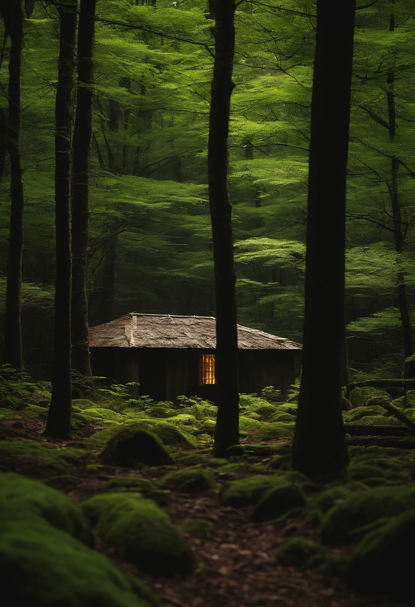 Kenji entra na floresta de Aokigahara ao anoitecer. he's alone, nervoso, Shooting with your camera. Advance through the trees with a flashlight until you see the abandoned hut.