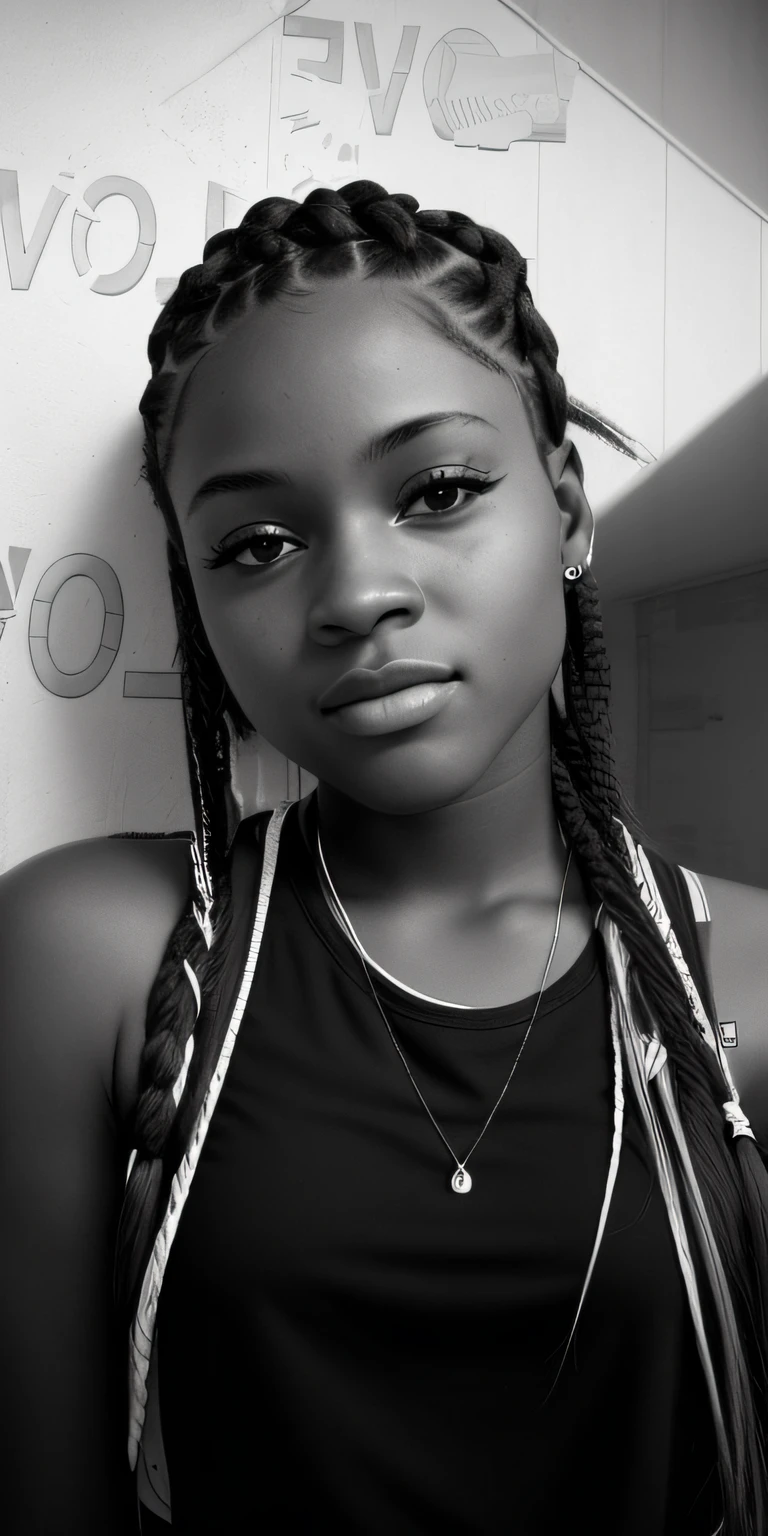 there is a woman with braids standing in front of a wall, ☁🌪🌙👩🏾, black and white picture, taken in the early 2020s, desaturated!!, b&w photo, only black and white, box braids, young black woman, in black and white, black & white photo, taken in the mid 2000s